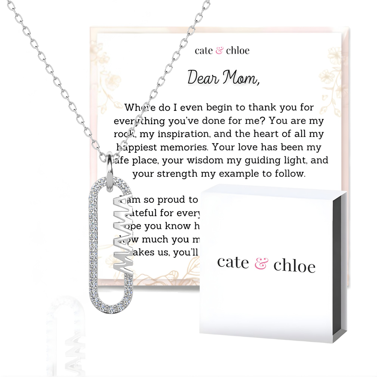 Elaine 18k White Gold Plated Mama Necklace with Swarovski Crystals & Heartfelt Message for Mom