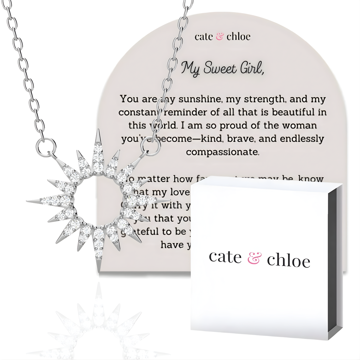 Evie 18k White Gold Plated Sun Necklace with Swarovski Crystals & Heartfelt Message for Daughter