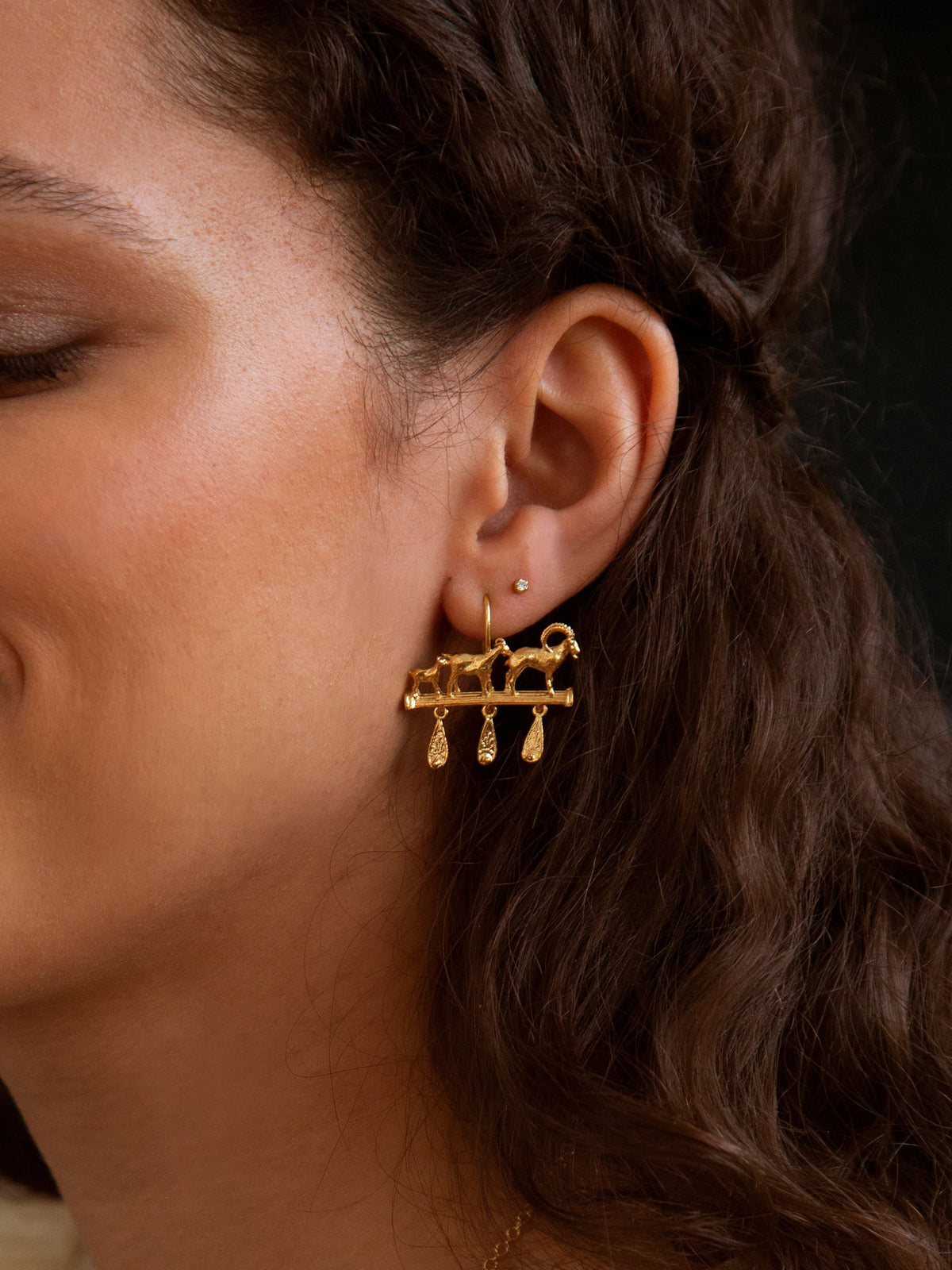 Mountain Goat Family Relic Earrings with Ornate Drops