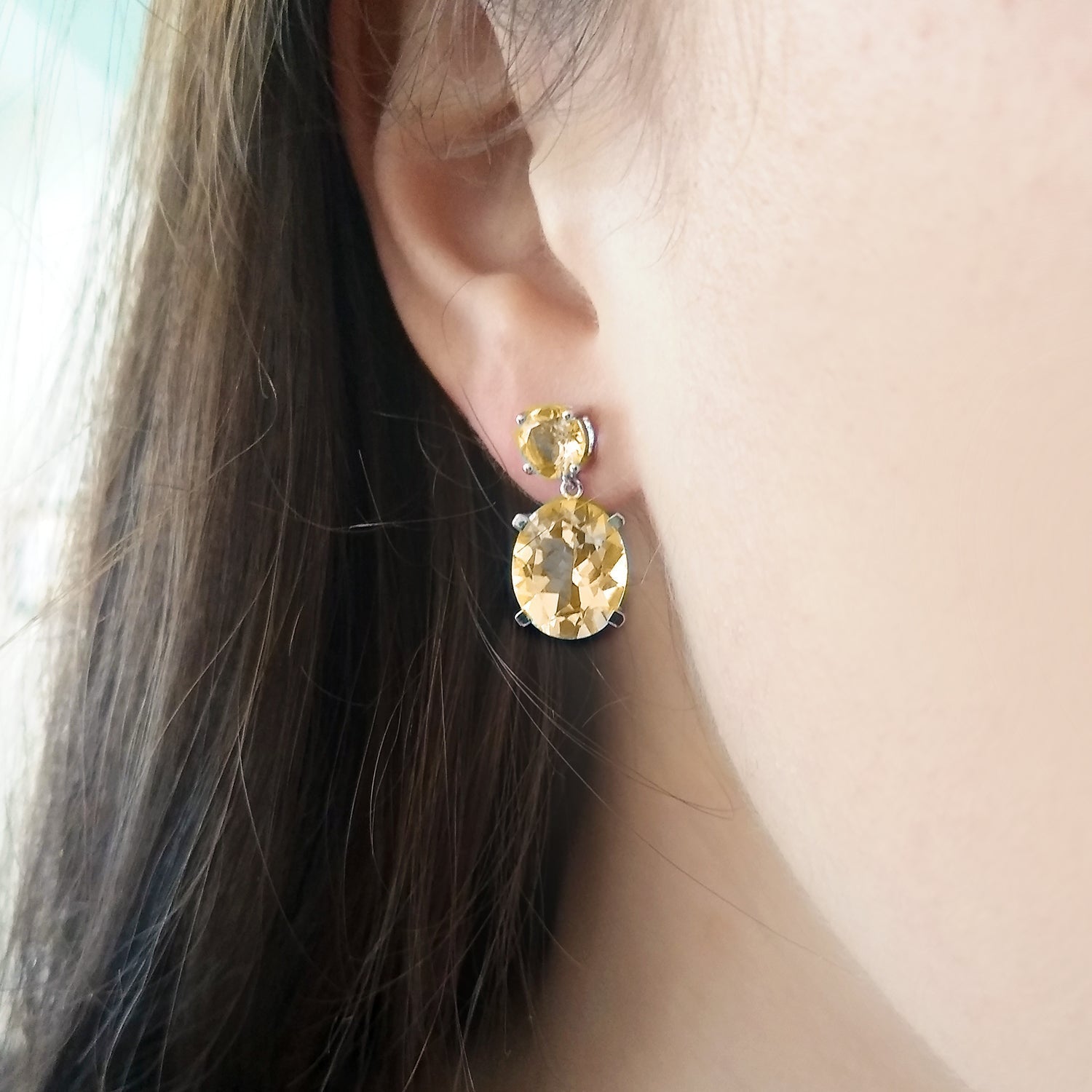 Sterling Silver or White Gold Citrine Drop Earrings