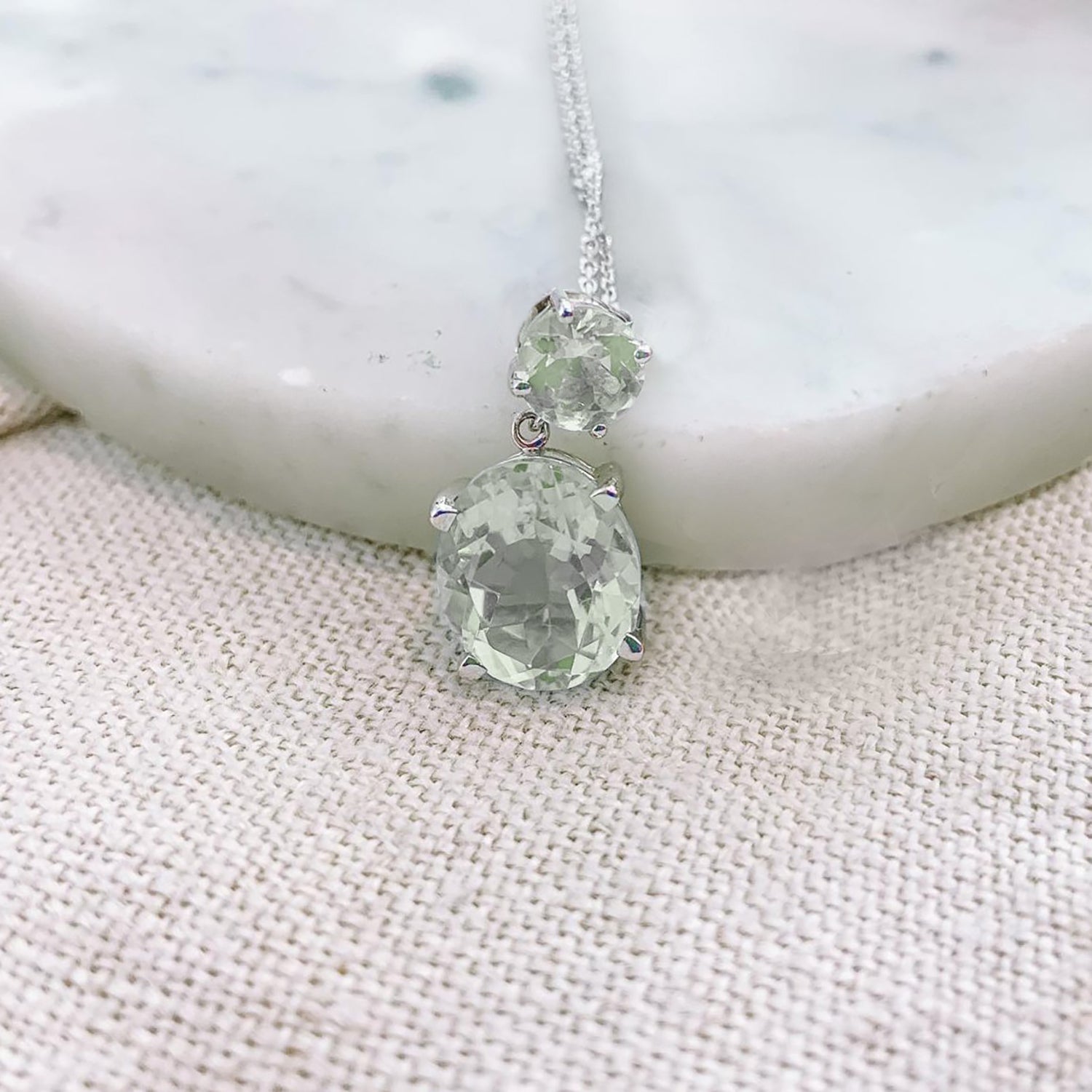 Sterling Silver or White Gold Green Amethyst Drop Necklace