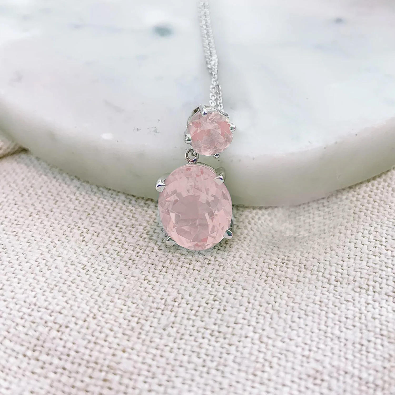 Sterling Silver or White Gold Rose Quartz Drop Necklace