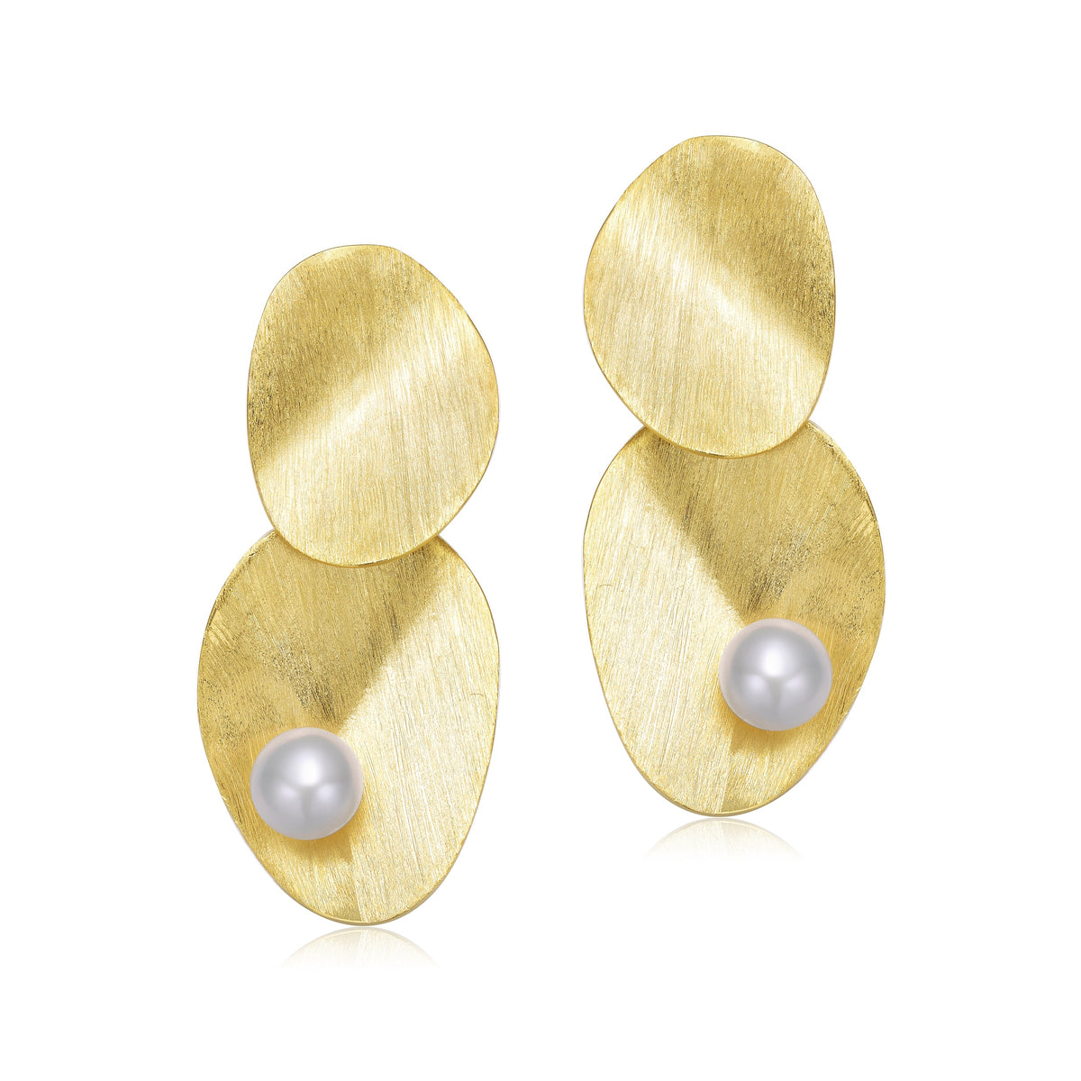 Delphine Brushed Leaf Golden Pearl Earrings