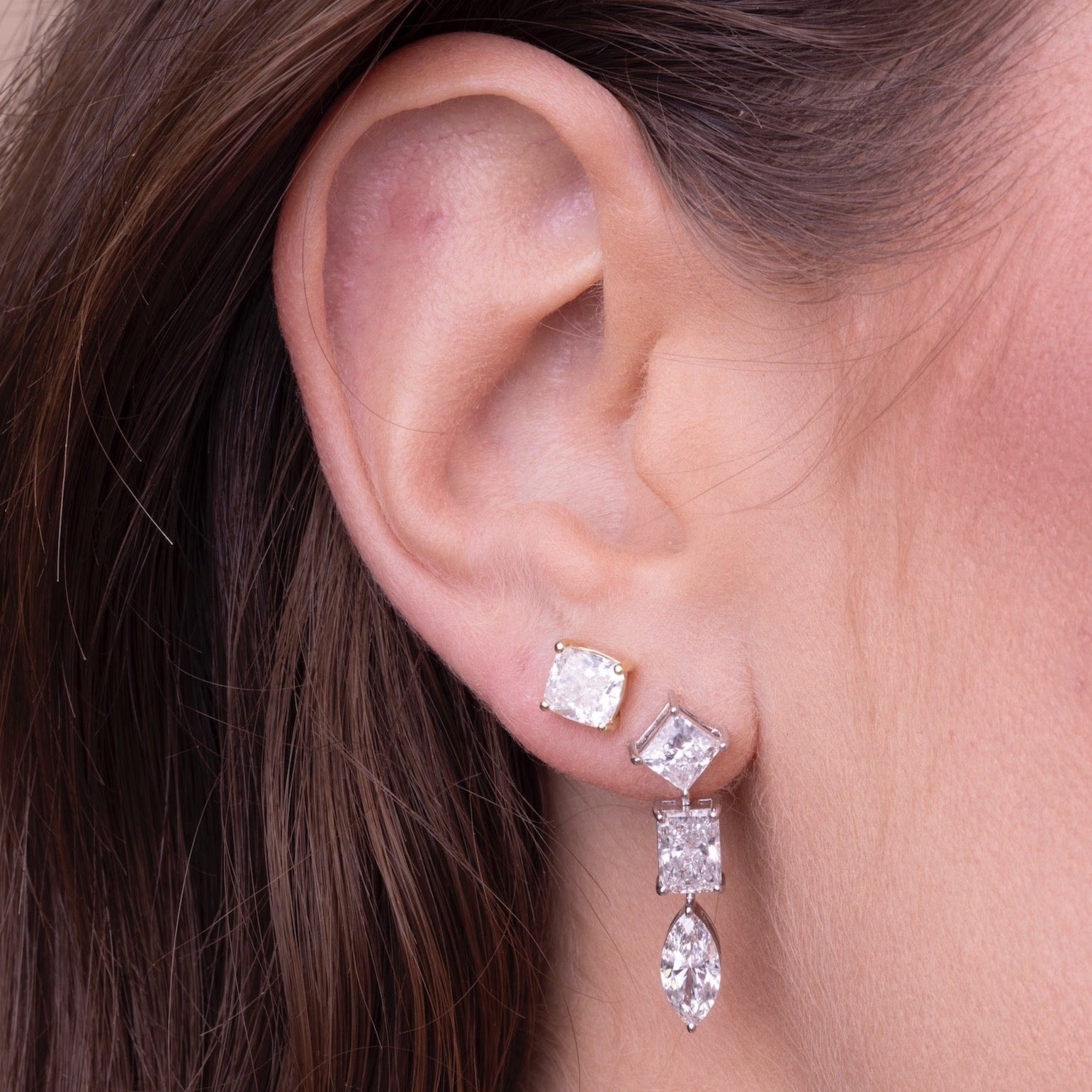 Gold Lab Grown Waterfall Radiant Baguette and Marquise Earring