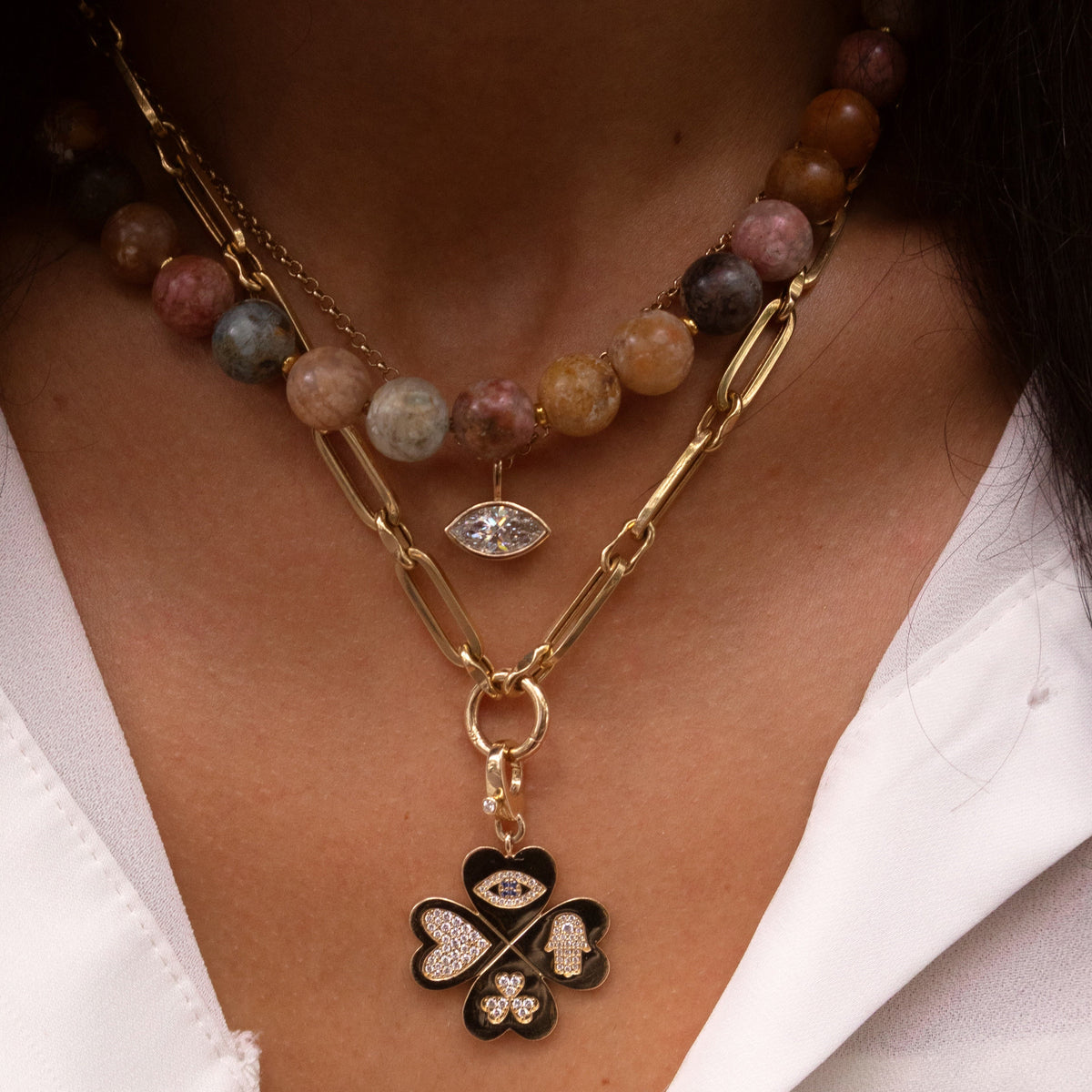 Gold Diamond Sapphire Lucky Clover Charm Pendant