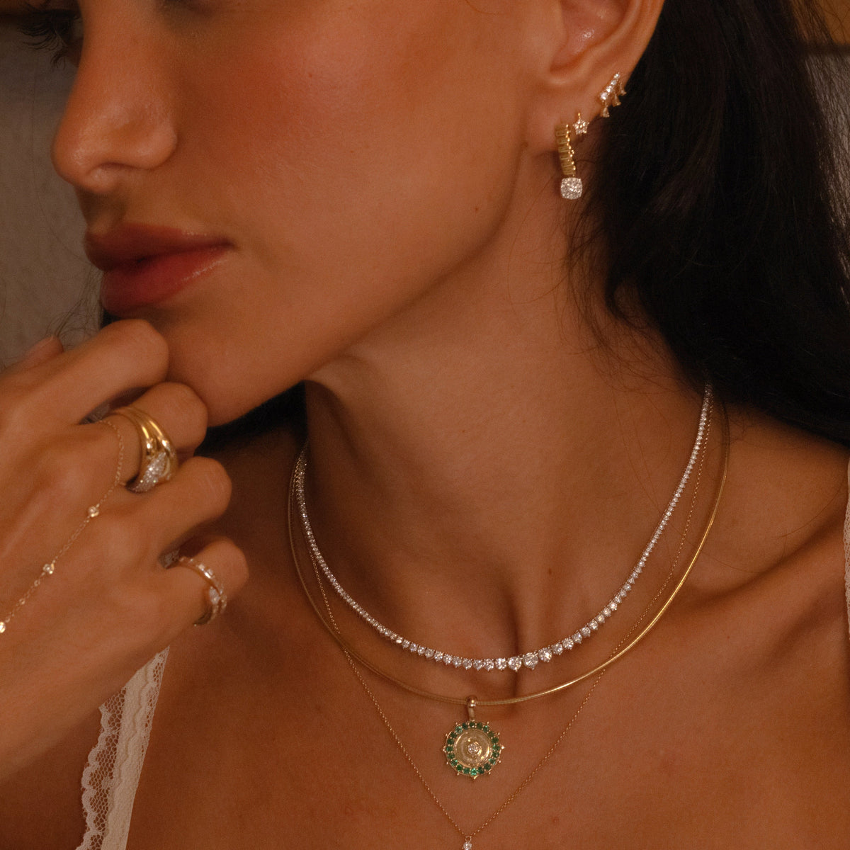 Gold Diamond Emerald Round Medallion Pendant
