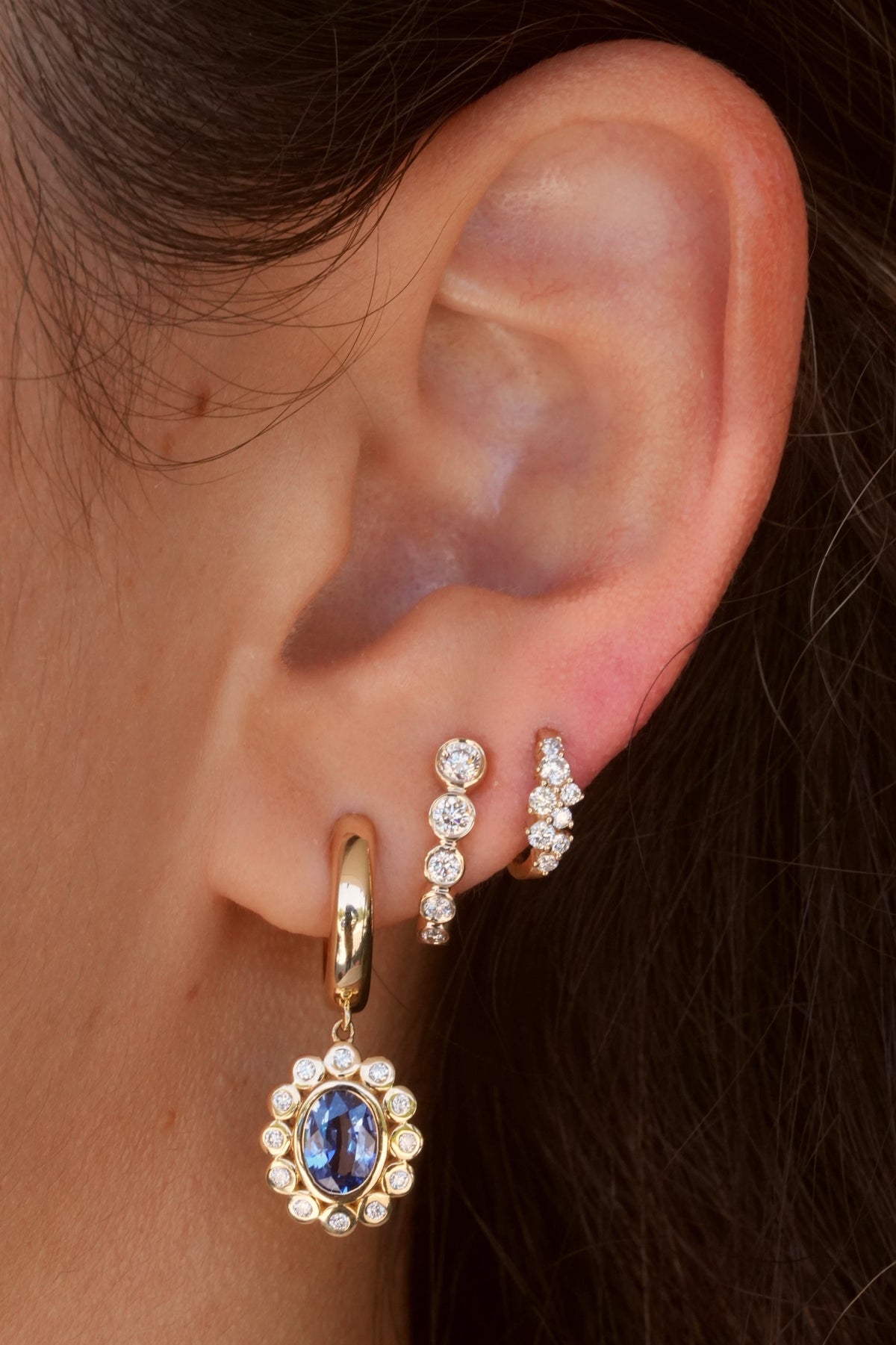 Gold Diamond Blue Sapphire Flower Hoop Earring