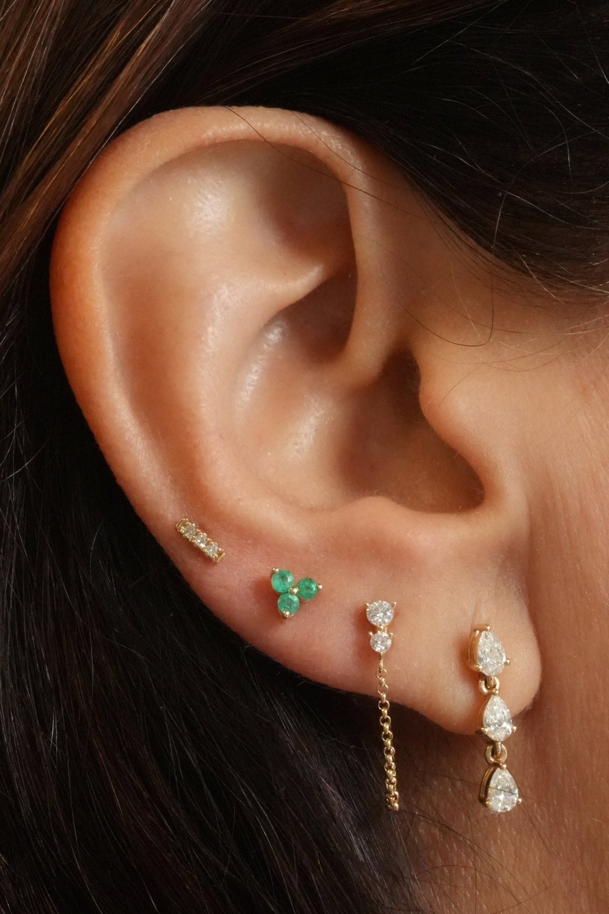 Gold Diamond Mini Trio Bar Flat Back Earring