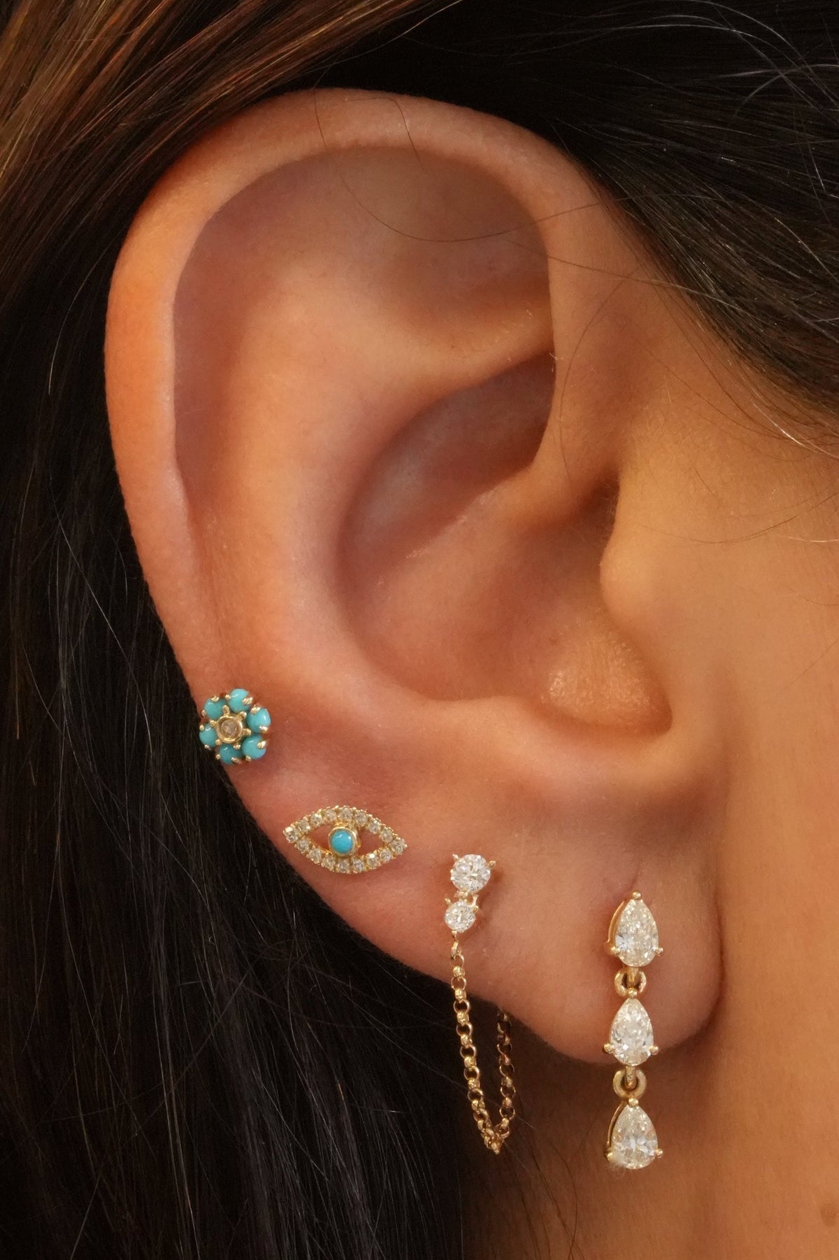 Gold Diamond Mini Turquoise Evil Eye Flat Back Earring