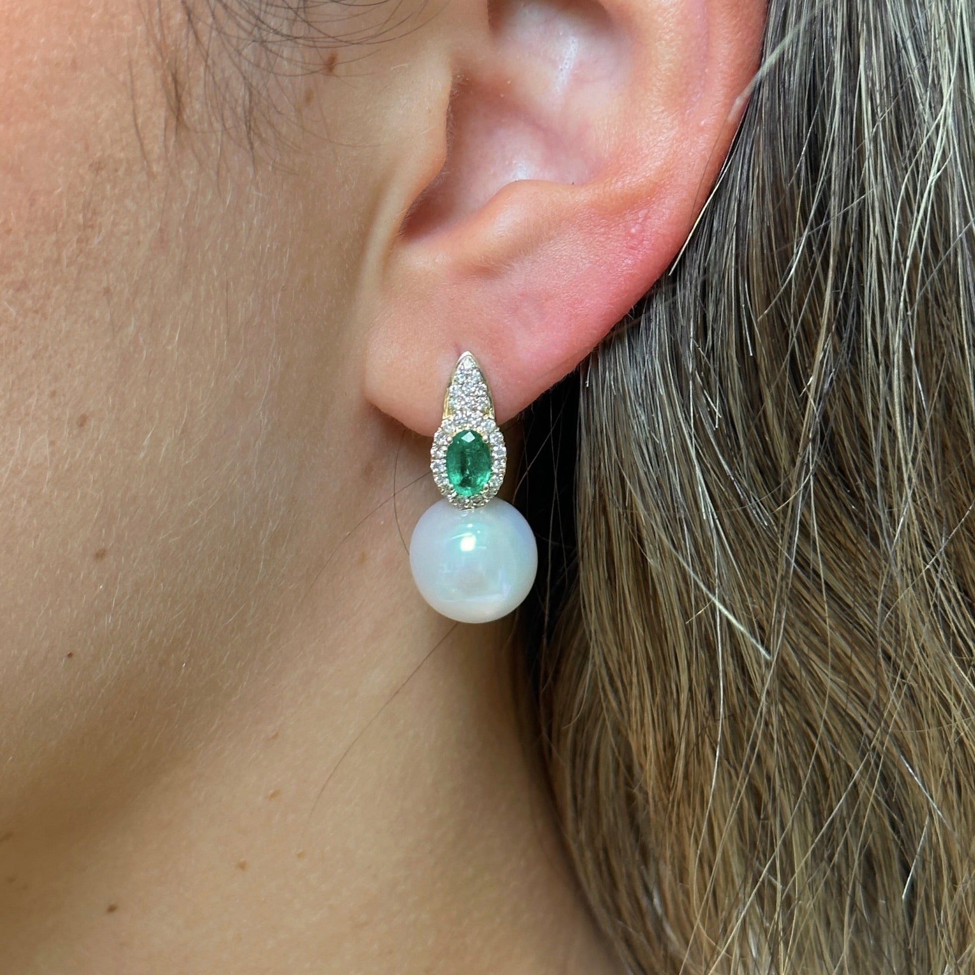 Gold Pave Diamond Emerald Pearl Hoop Earring