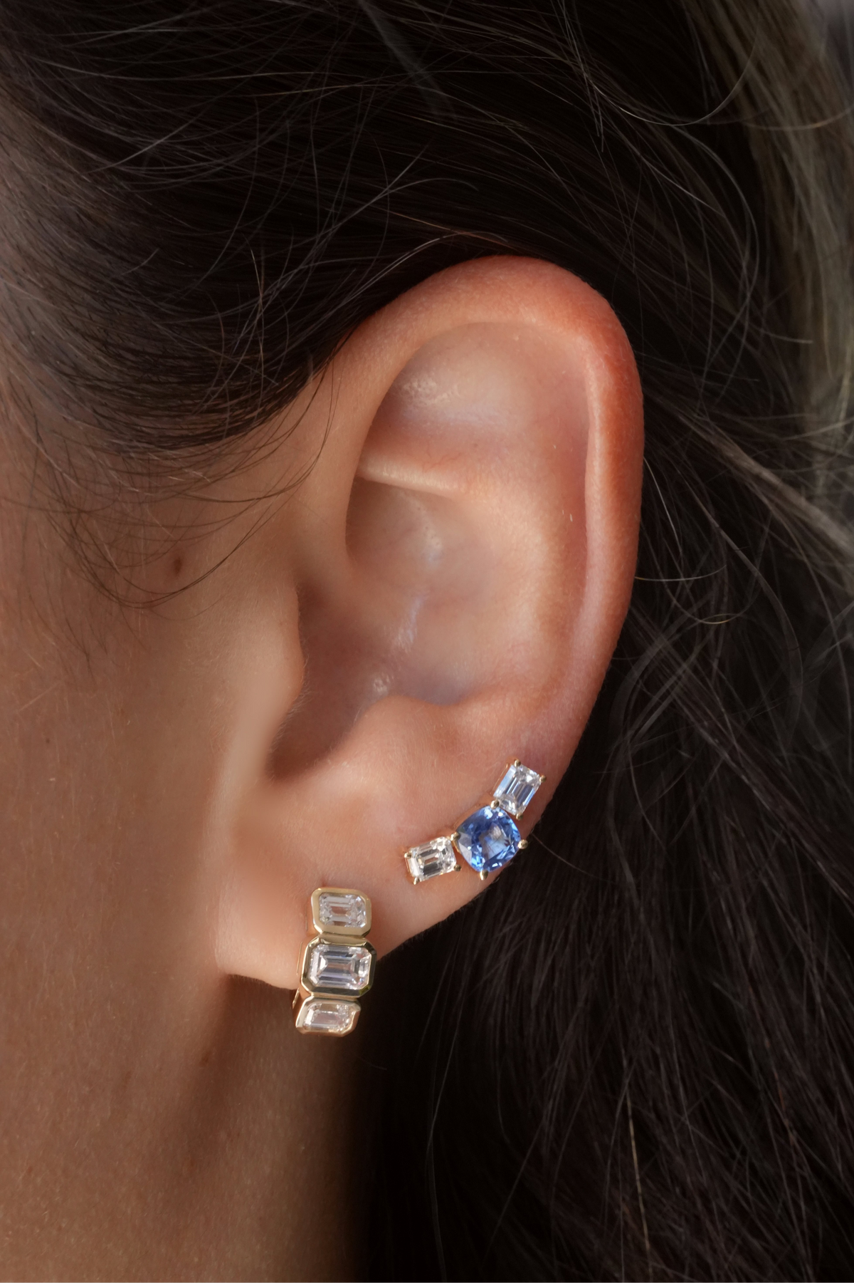 Gold Lab Diamond Emerald Cut Huggie Earrings
