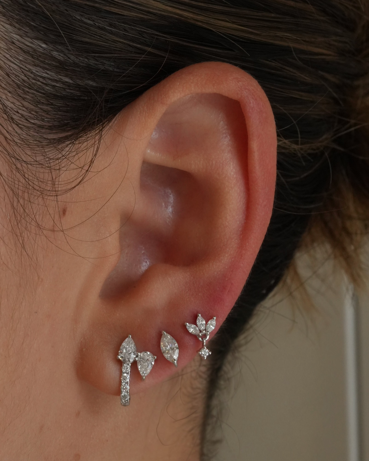 Gold Diamond Double Pear Half Hoop Earring