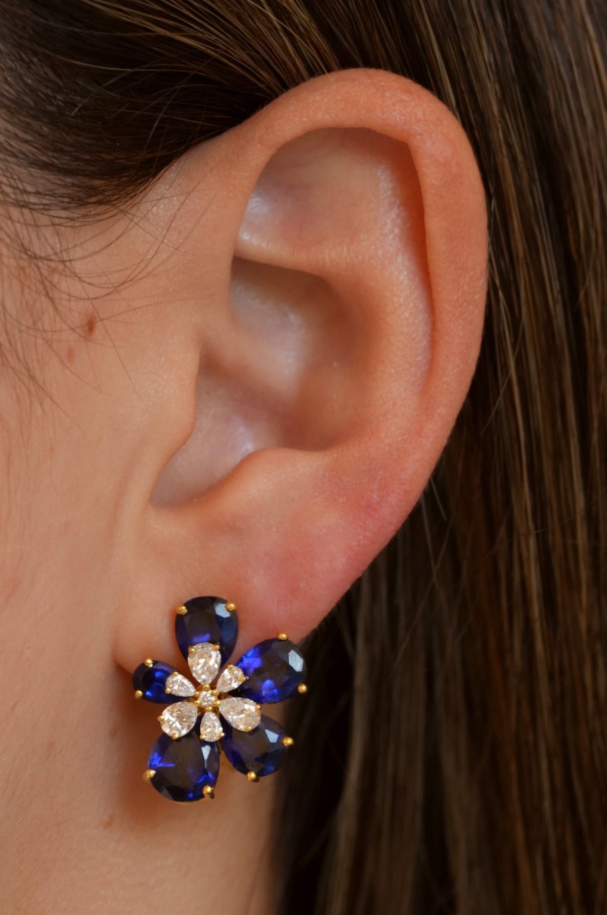 Gold Lab Diamond and Blue Sapphire Mini Flower Earrings