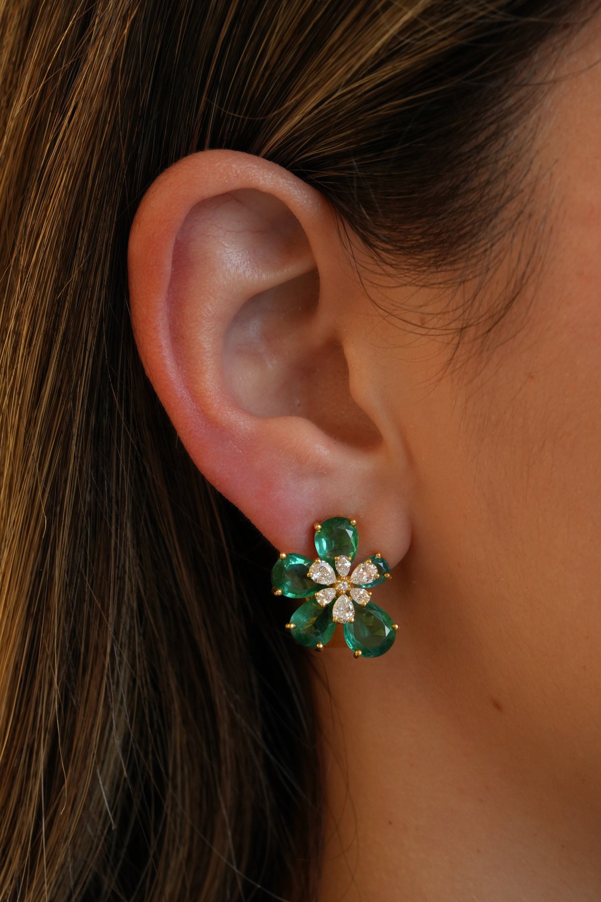 Gold Lab Diamond and Emerald Mini Flower Earrings