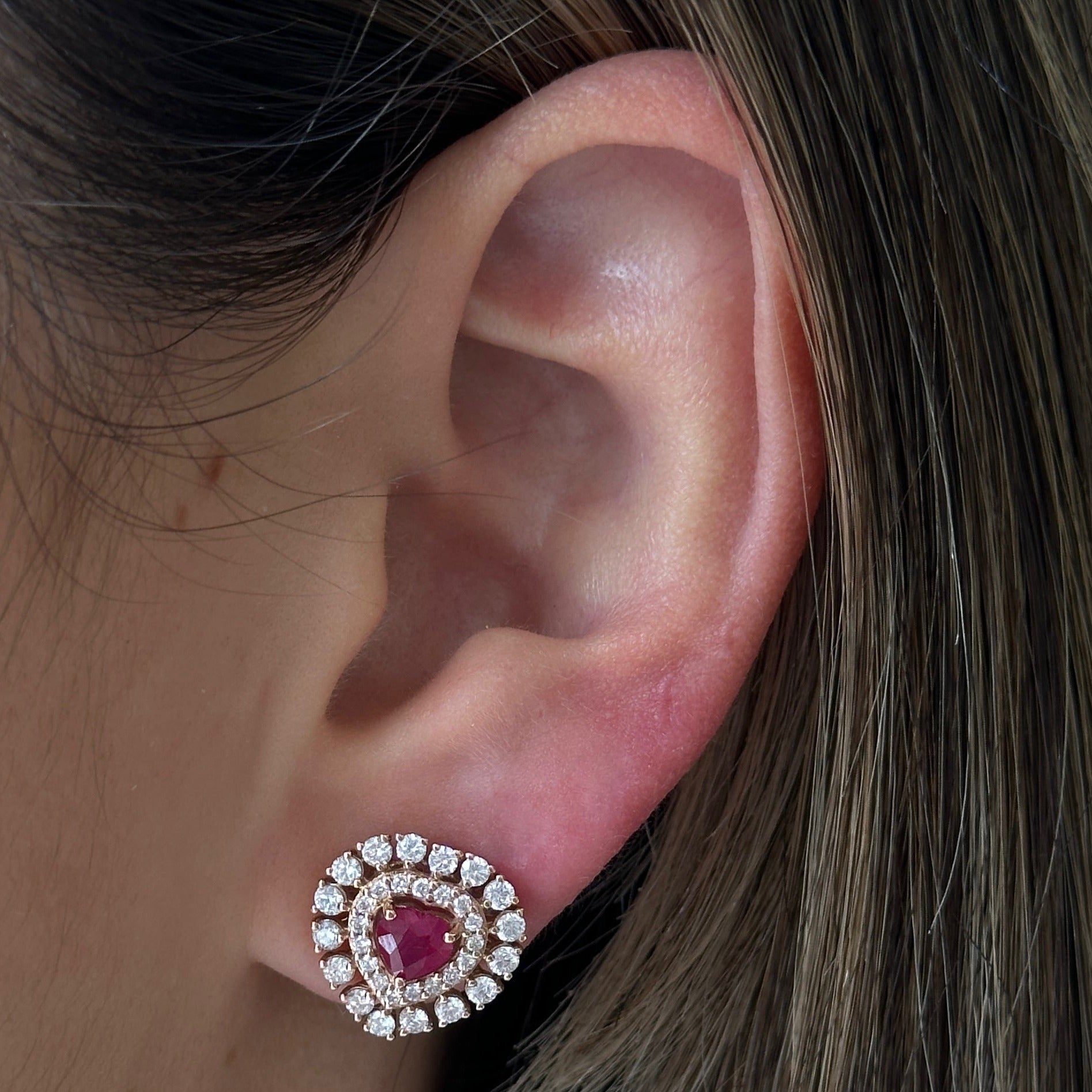 Gold Diamond Ruby Heart Earrings