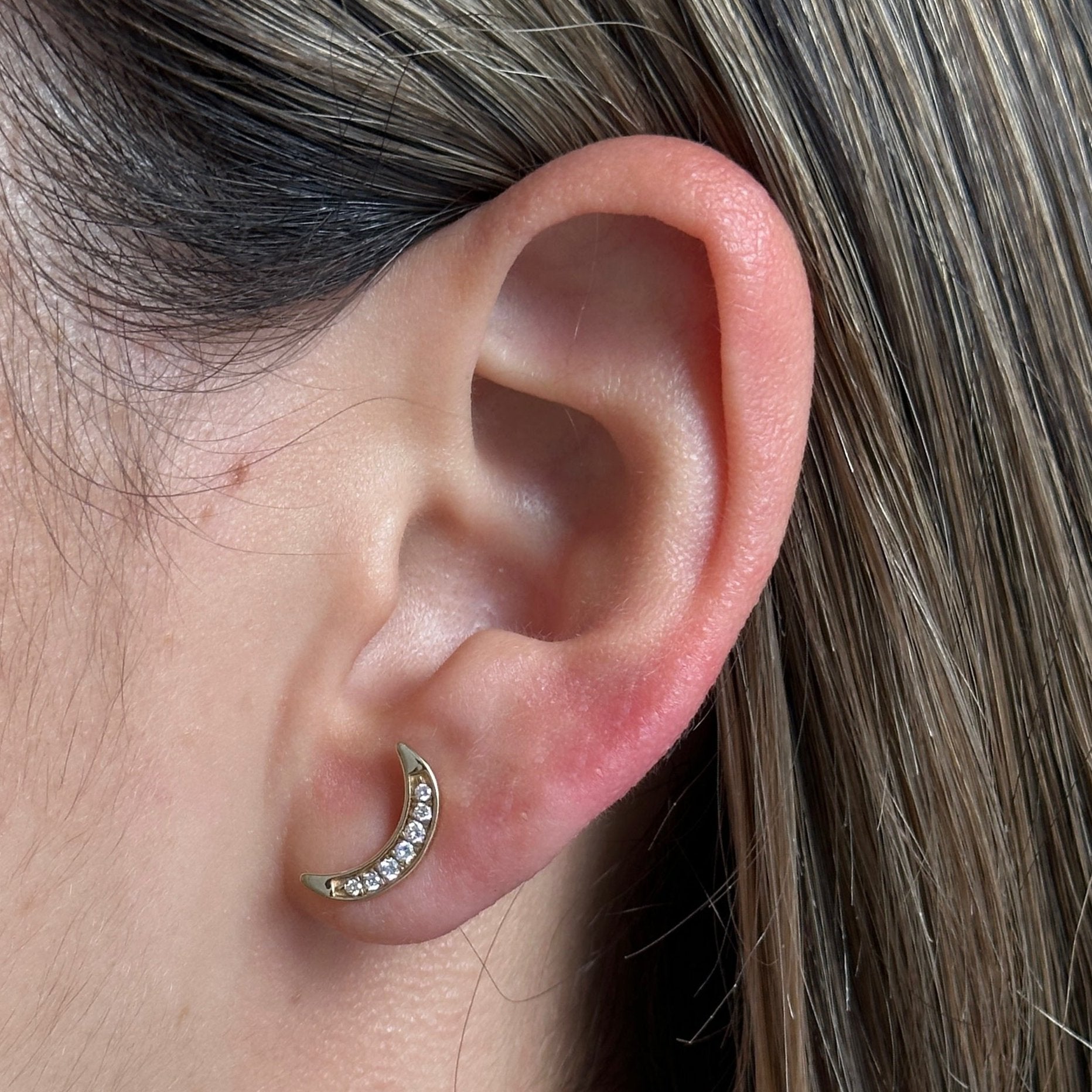 Gold Diamond Crescent Moon Earring