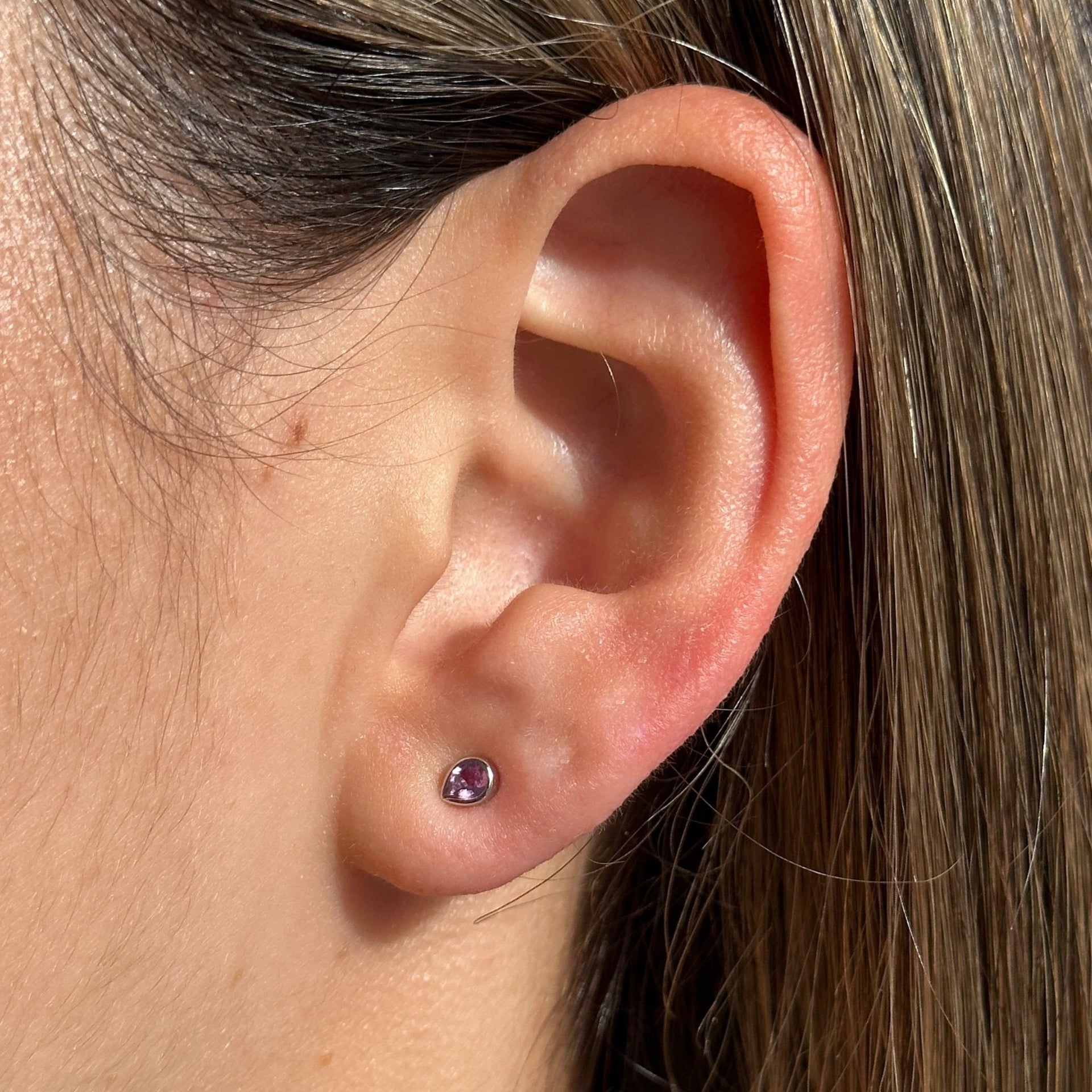 Gold Bezel Pink Sapphire Pear Stud Earring