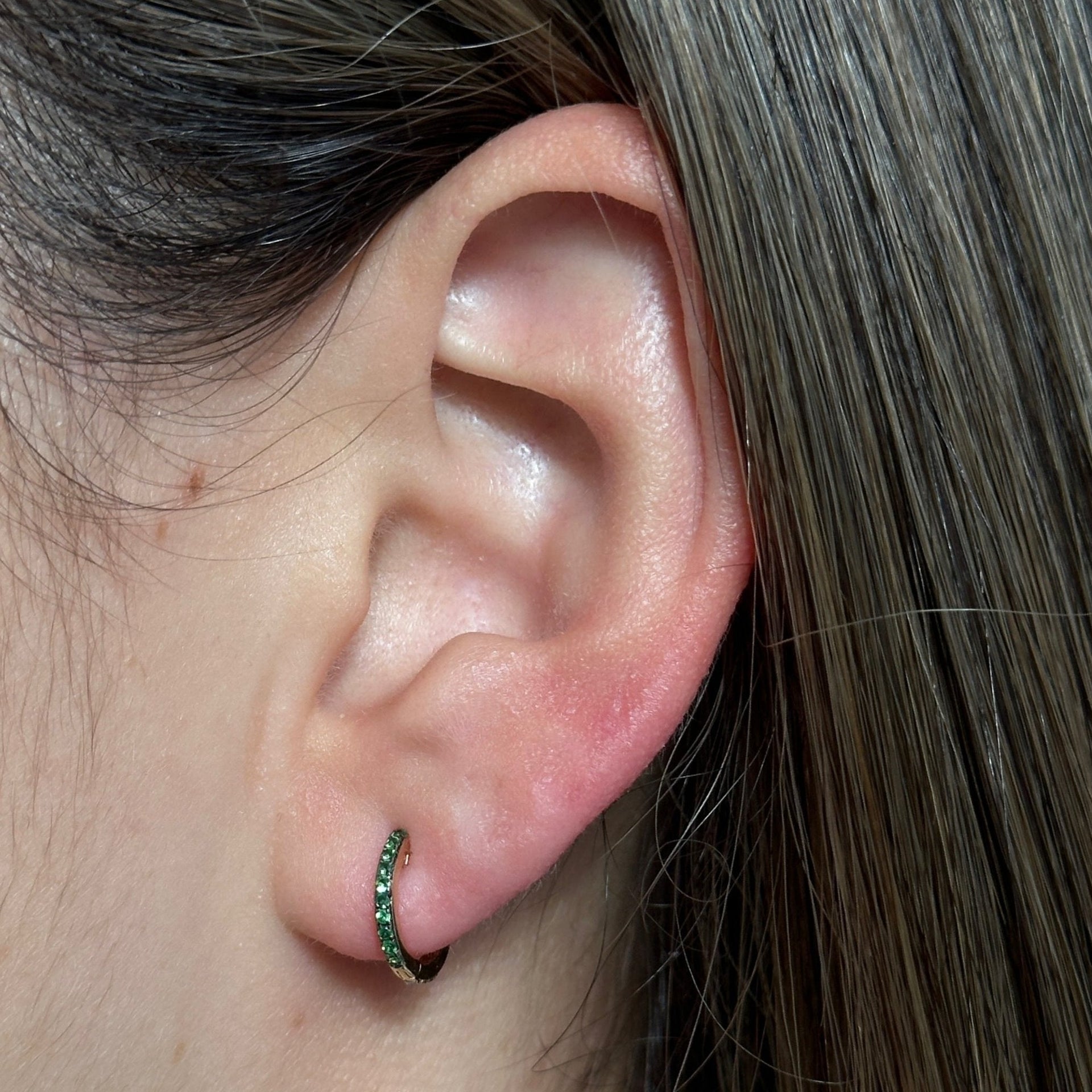 Gold Half Diamond Half Emerald Hoop Earring