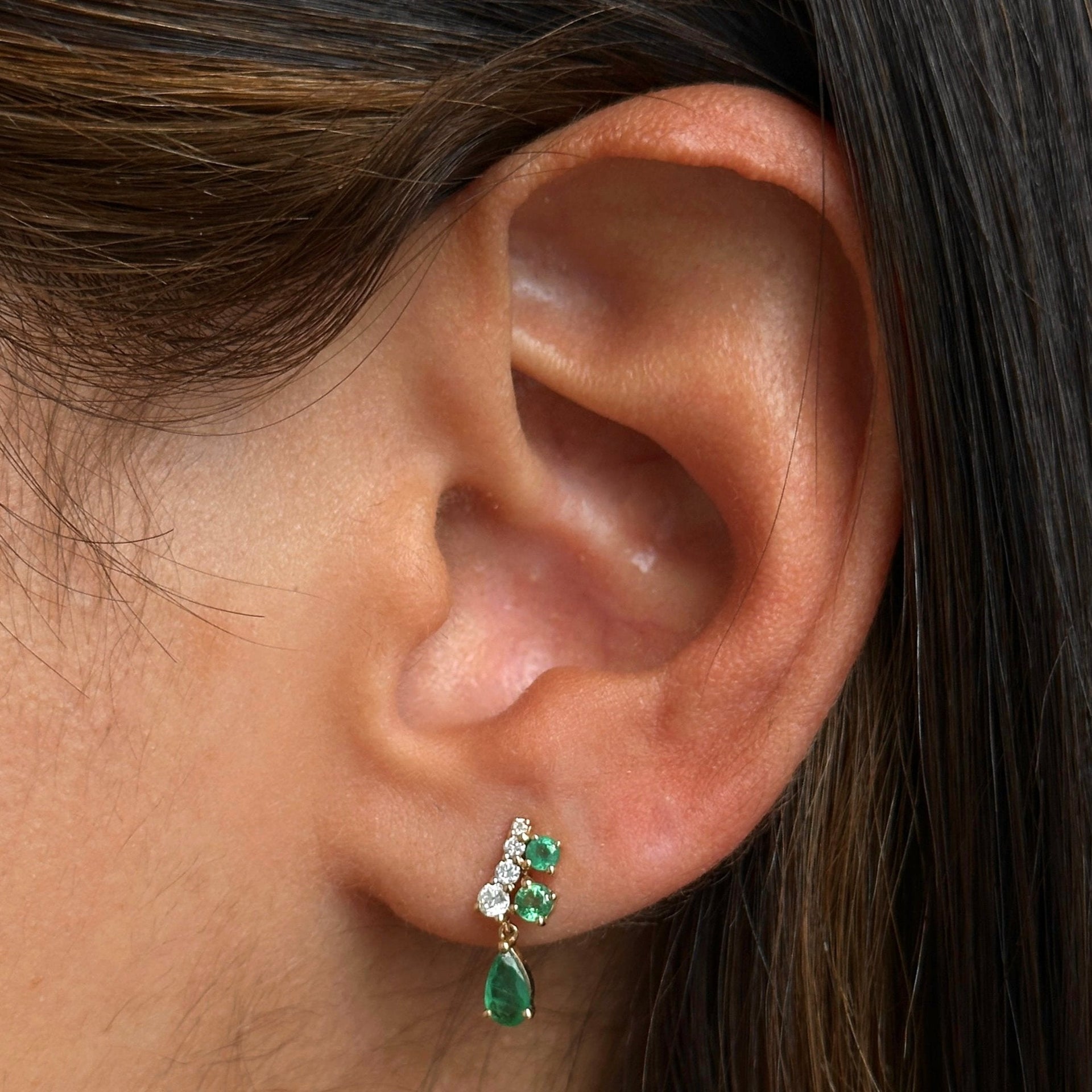 Gold Emerald Pear and Diamond Bar Earring