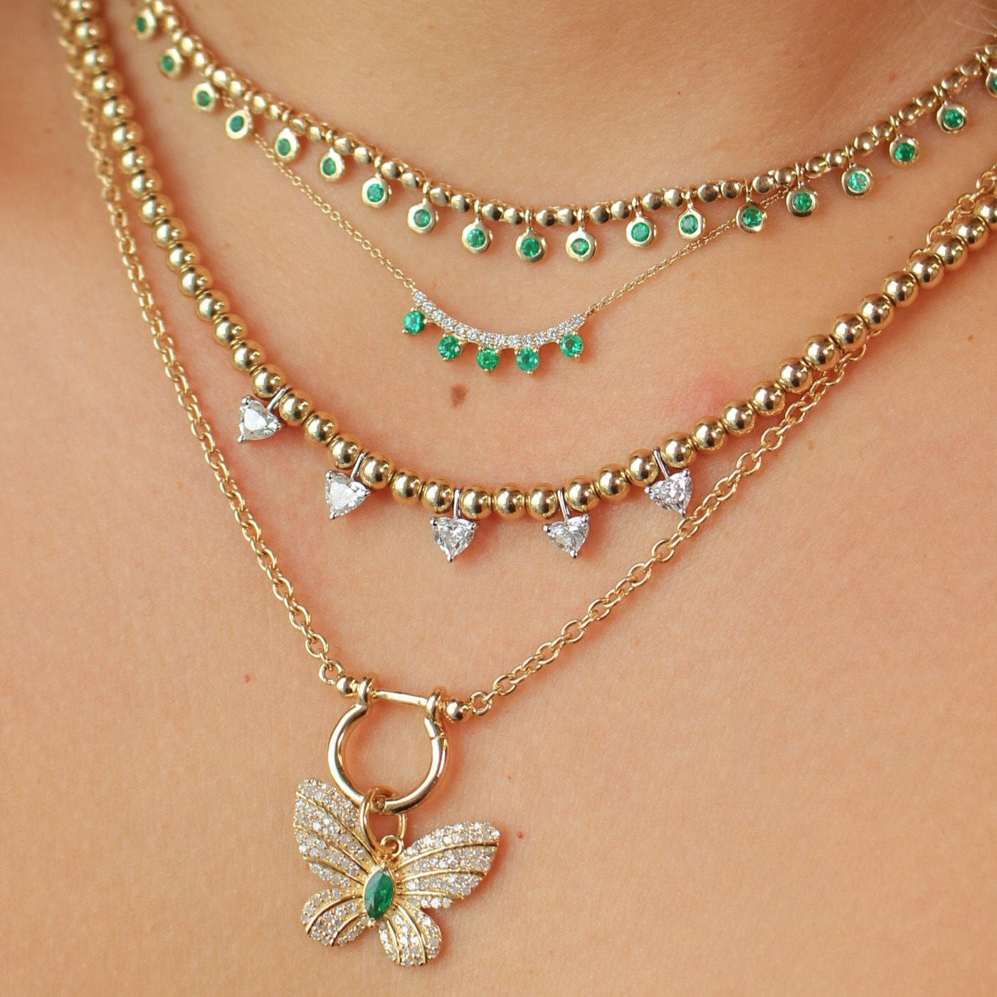 Gold Diamond Emerald Marquise Butterfly Pendant