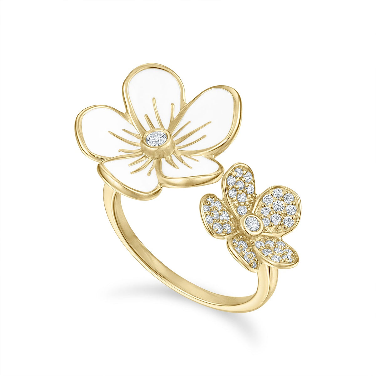 Double Florette Ring in White Enamel and Pavé Diamonds