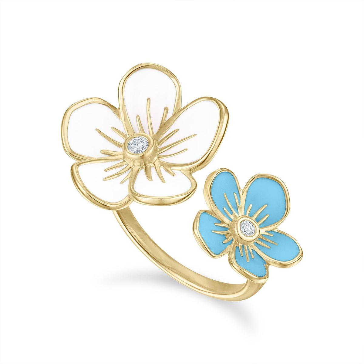 Double Florette Ring in White and Forget-me-Not Blue Enamel