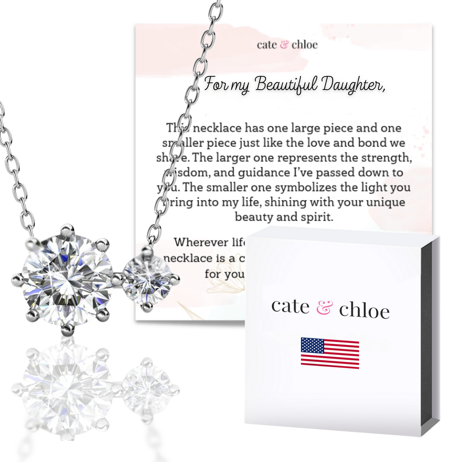 Emma 18k White Gold Plated 2-Stone Pendant Necklace with Swarovski Crystals & Sentimental Message for Daughter