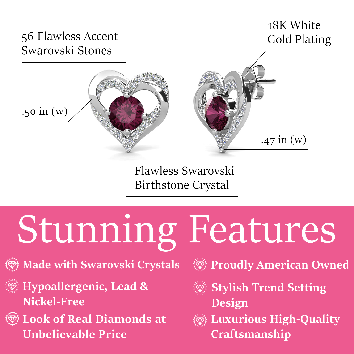Forever February Birthstone Diamond 18k White Gold Plated Silver Double Heart Earrings with Swarovski Crystals