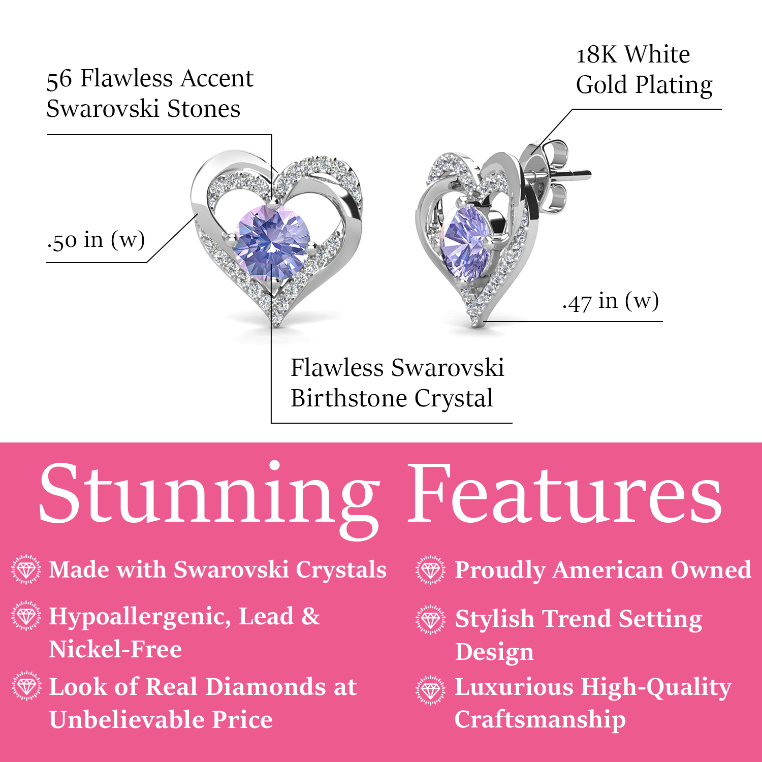 Forever June Birthstone Diamond 18k White Gold Plated Silver Double Heart Earrings with Swarovski Crystals