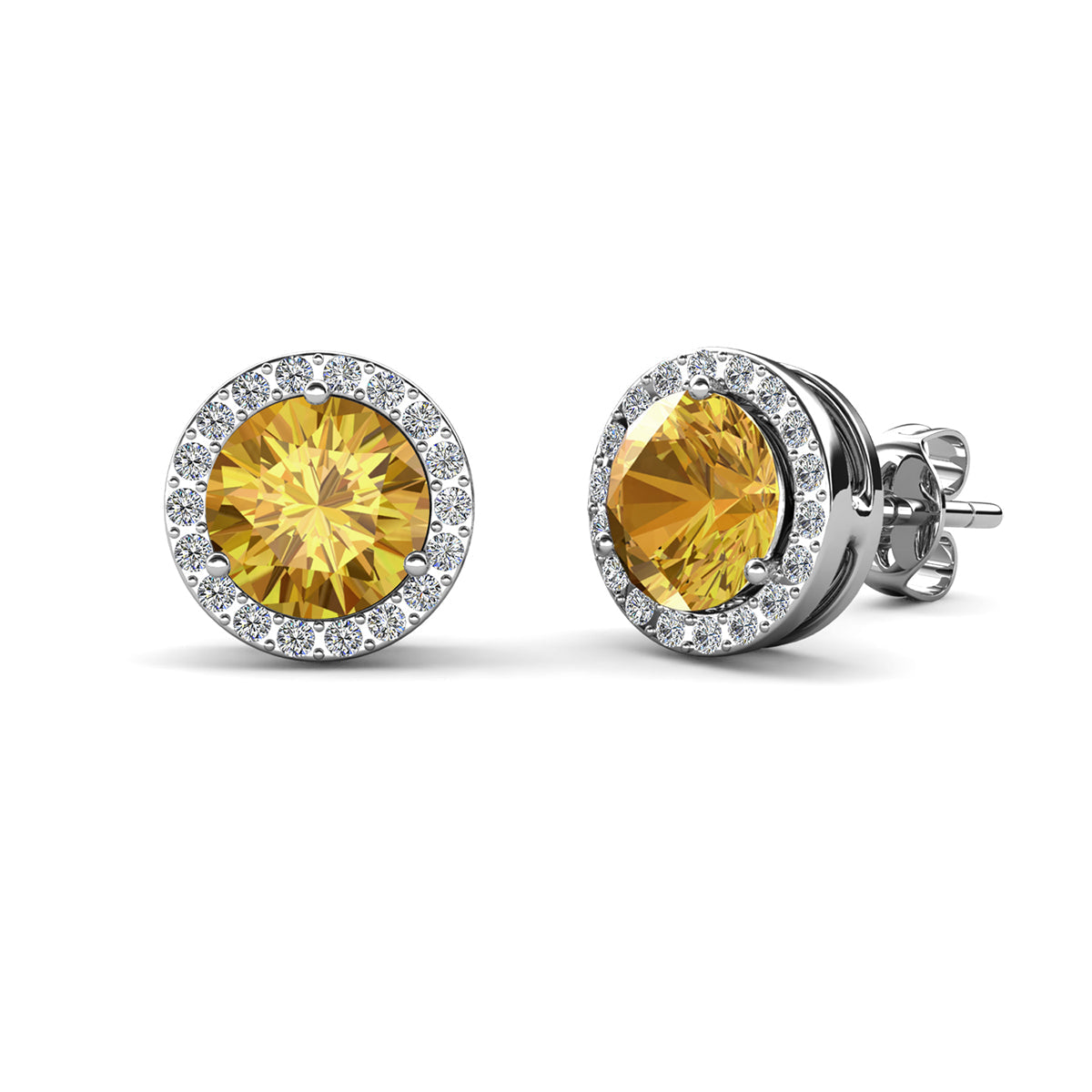 Royal 18k White Gold Plated November Birthstone Halo Earrings with Round Cut Citrine Swarovski Crystals