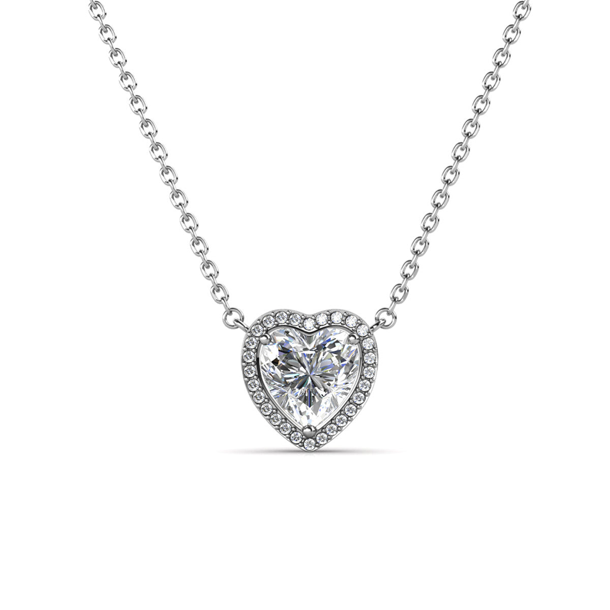 Tara 18k White Gold Plated Halo Heart Pendant Necklace with Swarovski Crystals