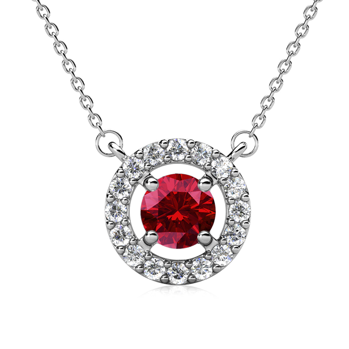 Royal 18k White Gold Plated January Birthstone Halo Necklace with Round Cut Garnet Swarovski Crystals