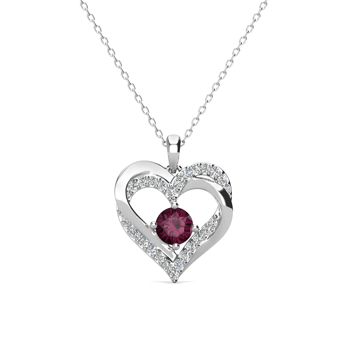 Forever February Birthstone 18k White Gold Plated Silver Double Heart Diamond Necklace with Swarovski Crystals