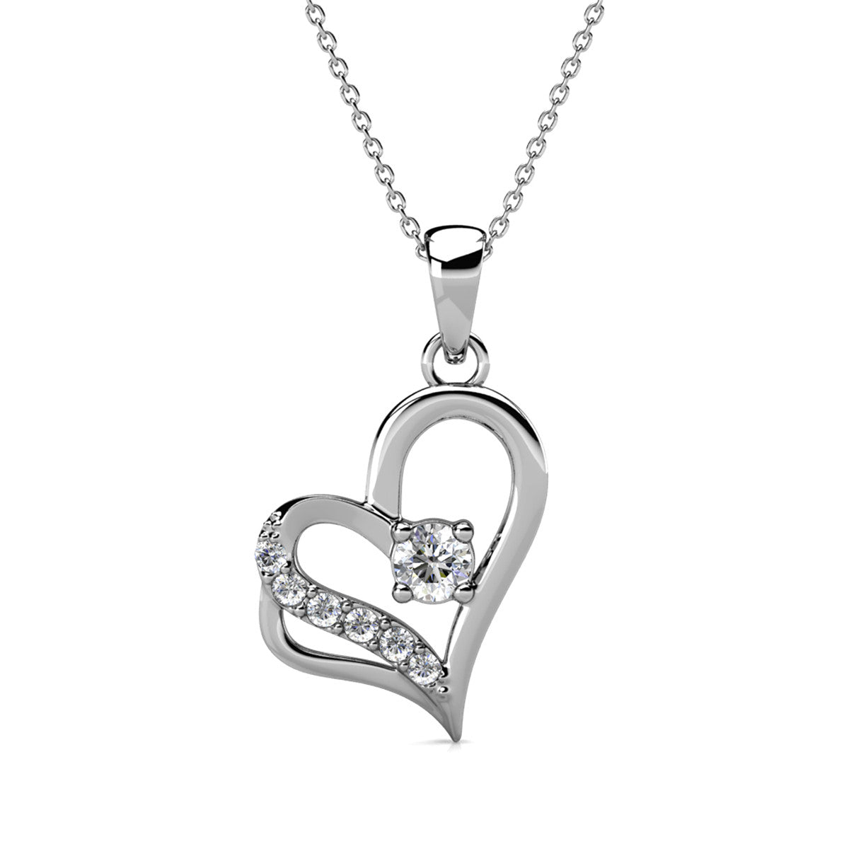 Kara 18k White Gold Plated Silver Heart Necklace with Swarovski Crystals