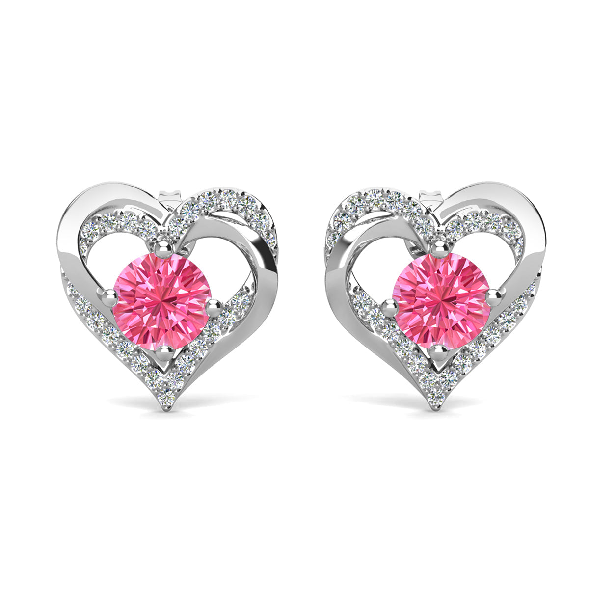 Forever October Birthstone Diamond 18k White Gold Plated Silver Double Heart Earrings with Swarovski Crystals