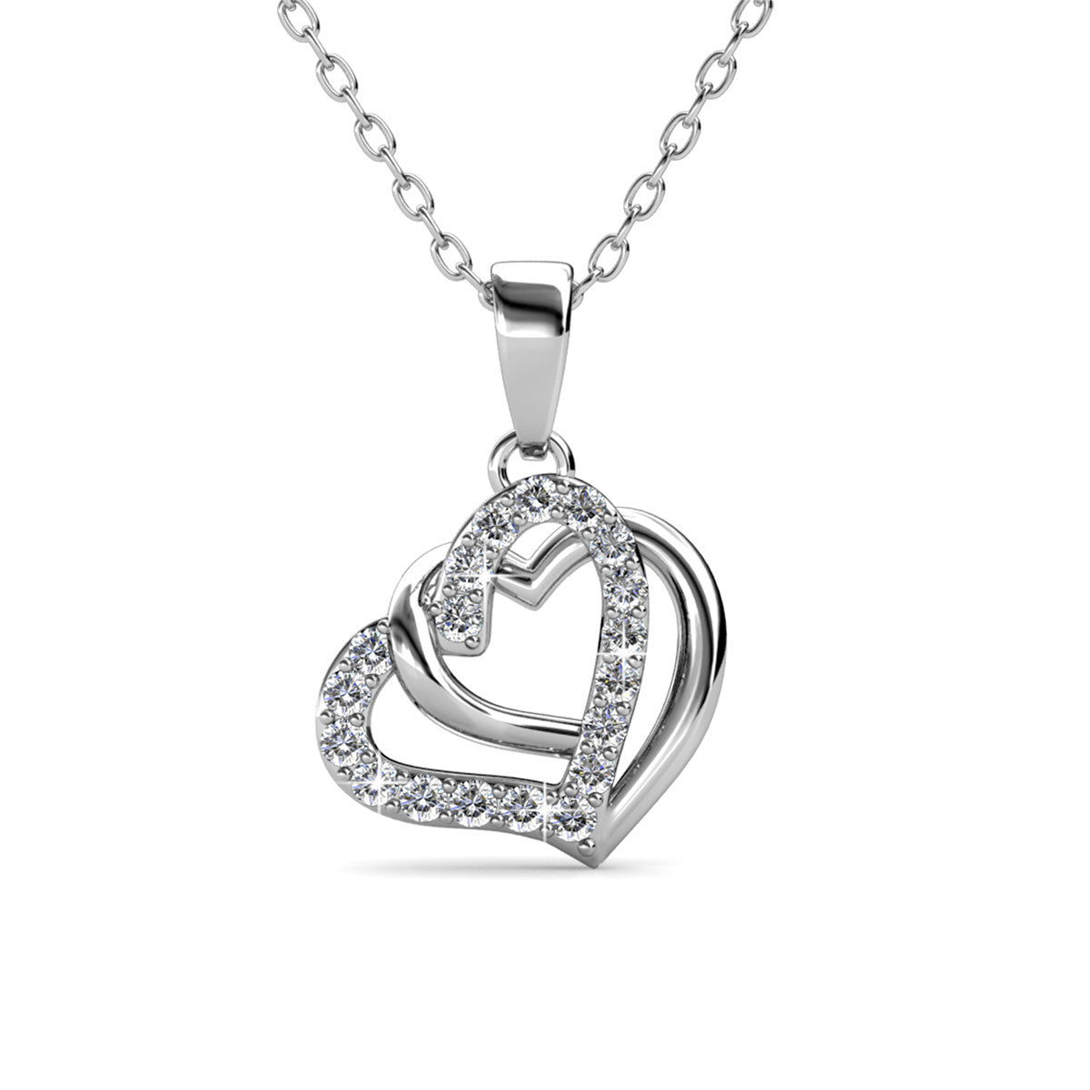 Angela 18k White Gold Plated Silver Double Heart Necklace with Swarovski Crystals