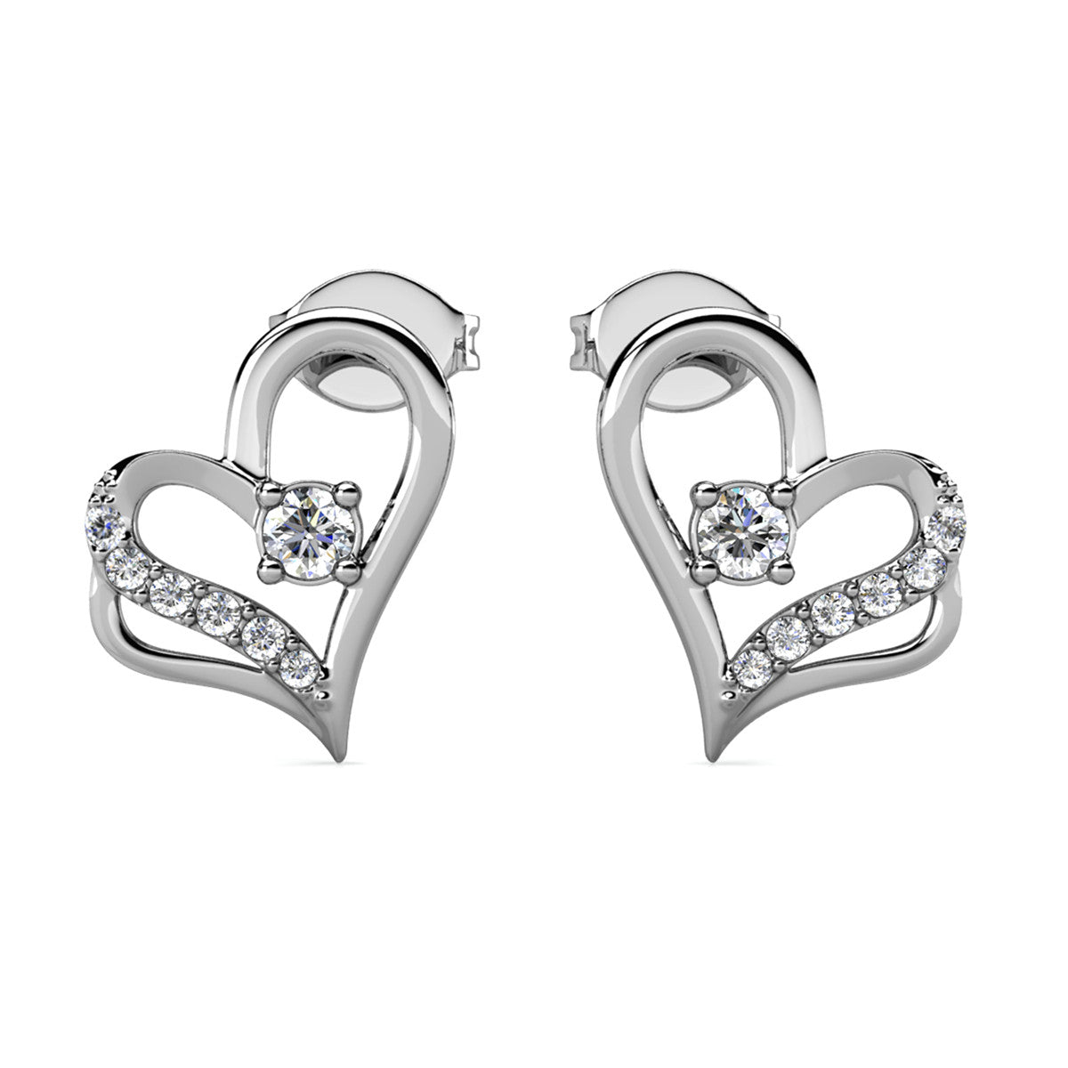 Kara 18k White Gold Plated Silver Heart Stud Earrings with Swarovski Crystals