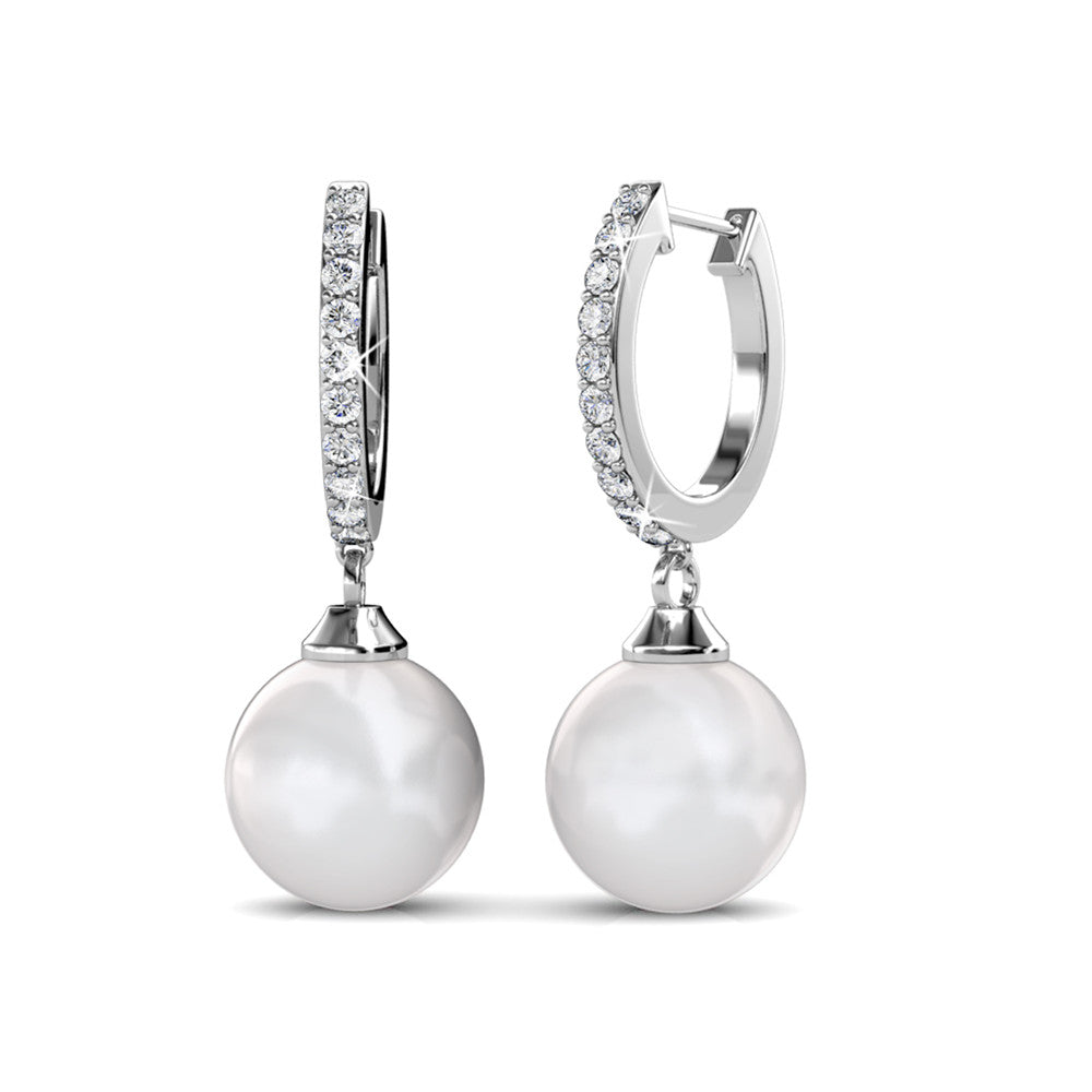 Daphne 18K White Gold Plated Pearl Dangle Earrings with Swarovski Crystals
