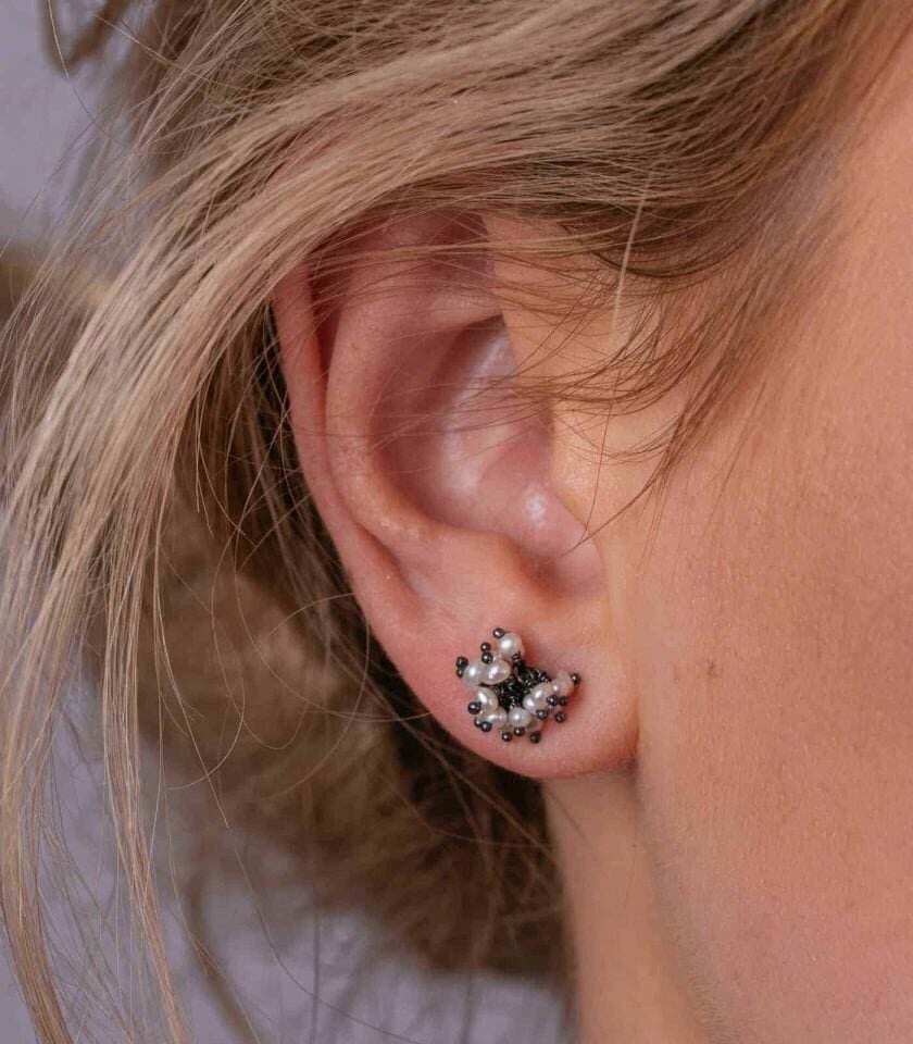 pearl-and-oxidised-silver-pompom-stud-earrings