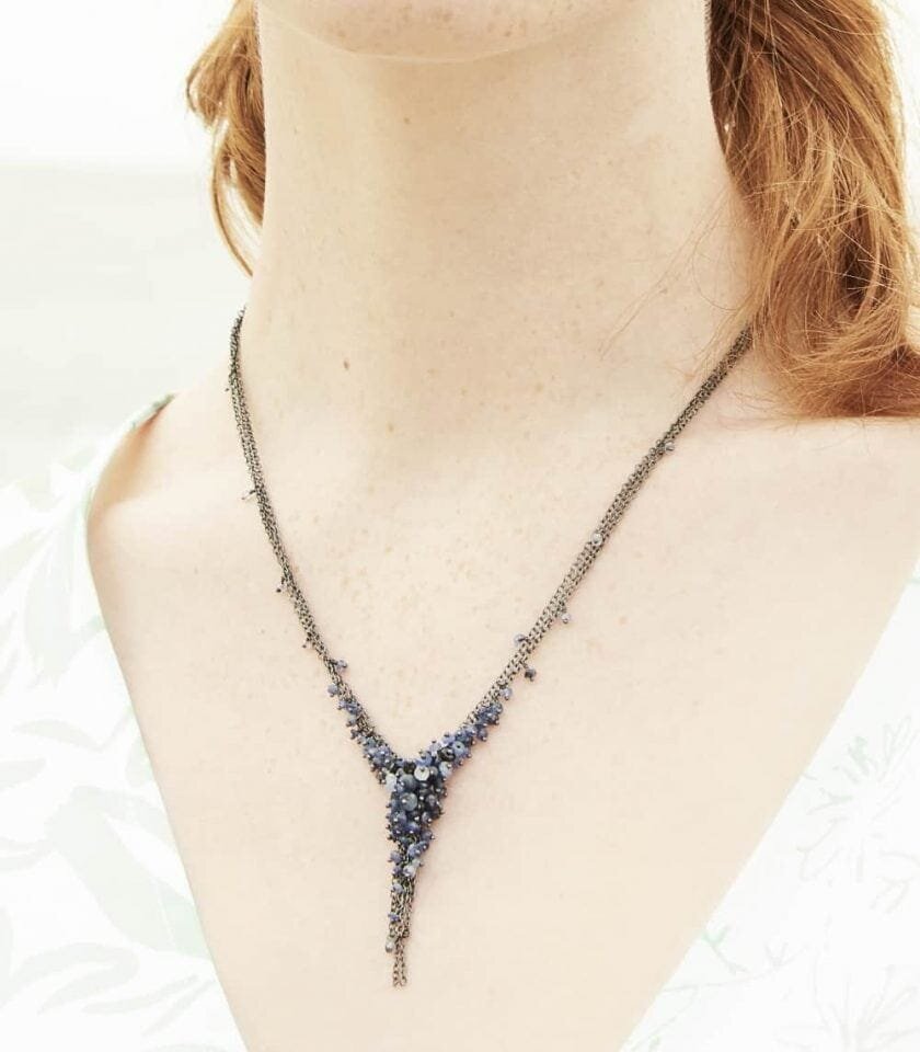 sapphire-and-oxidised-silver-v-tassel-necklace