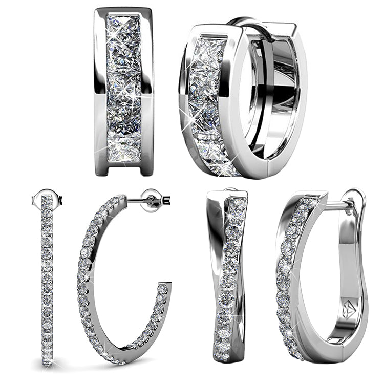 Cate & Chloe Earrings Pack of 3 - Giselle, Amaya, Rosalyn Hoops White Gold Plated Earrings