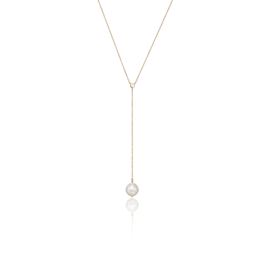Gold Single Diamond Style Pearl Lariat Necklace