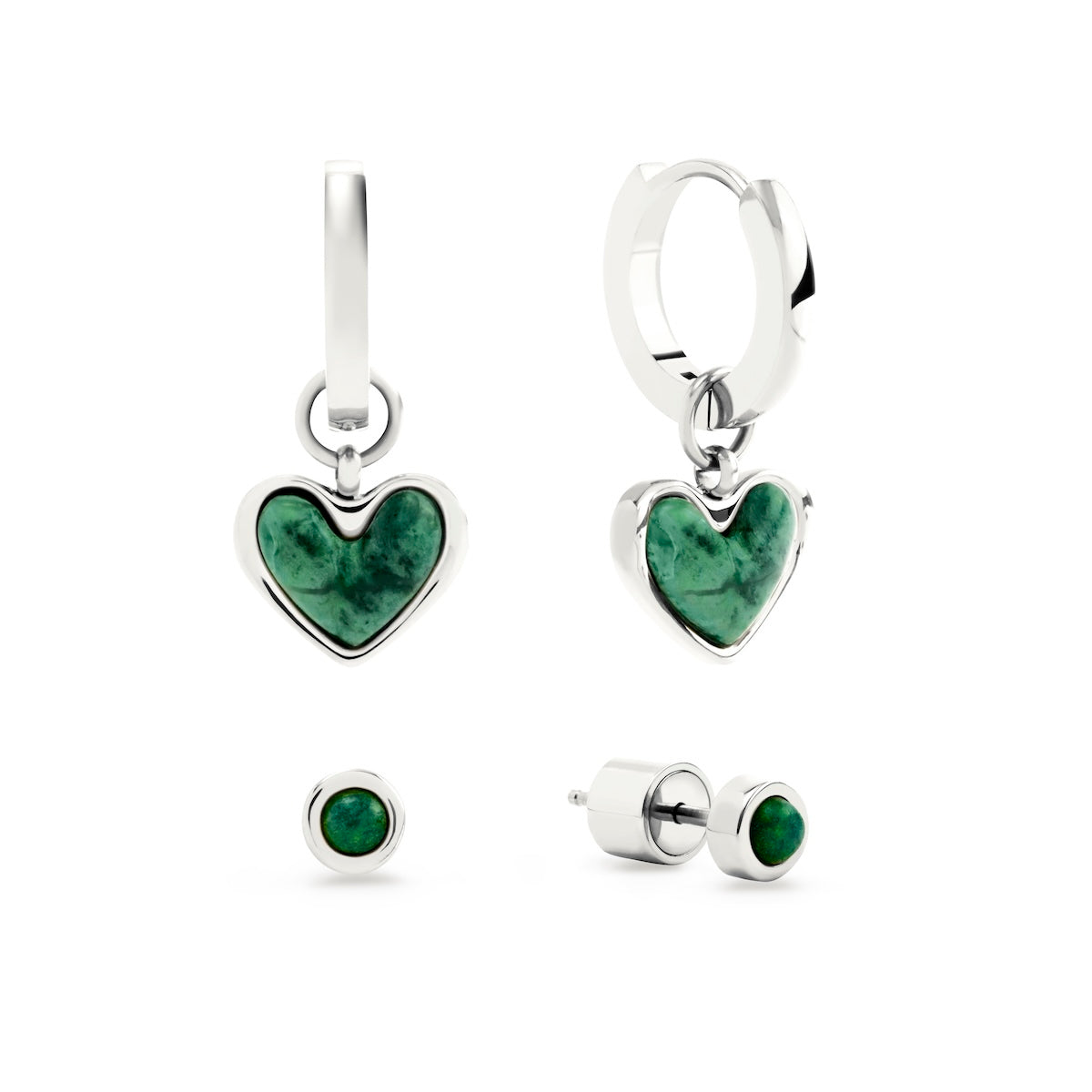 Green Quartz Huggie Earrings Set (Silver)