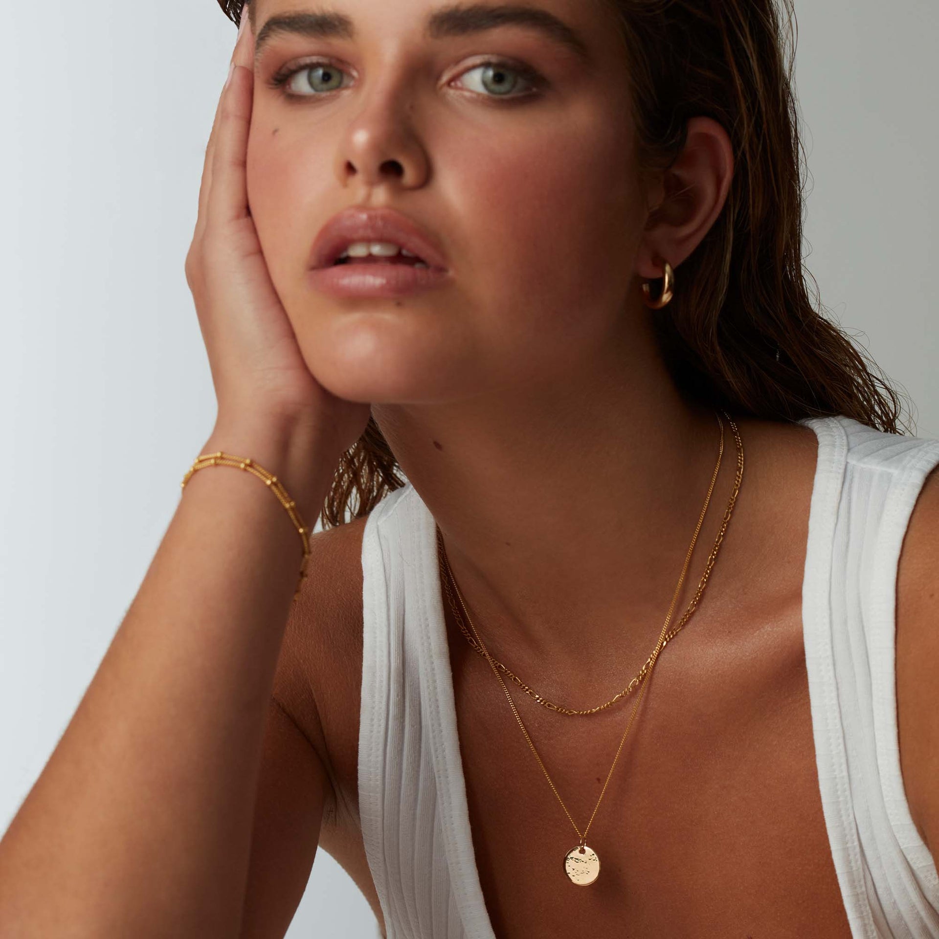 Gold Hammered Necklace with Bead Chain