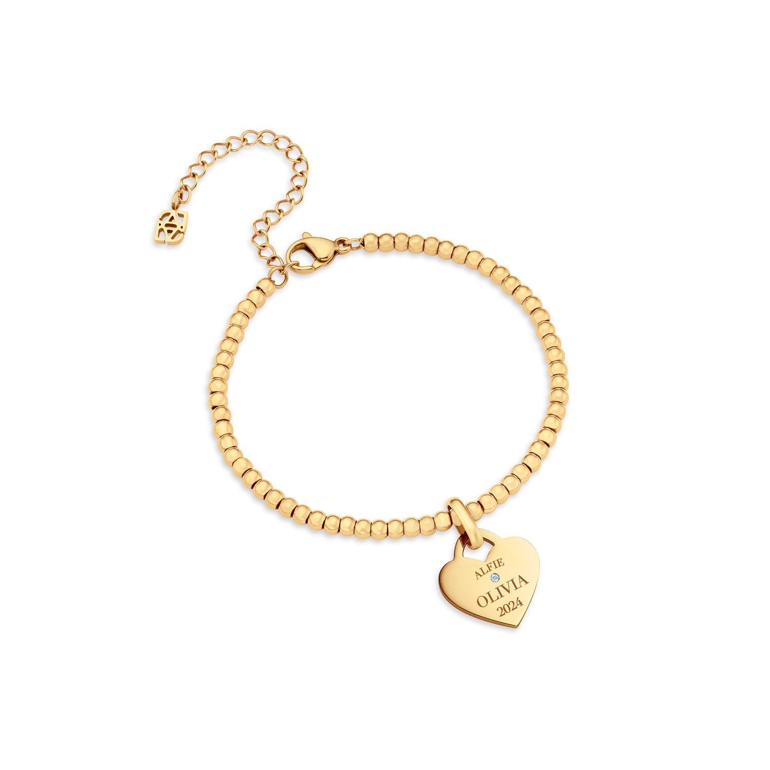 Blue Crystal Heart Token Beaded Bracelet (Gold)