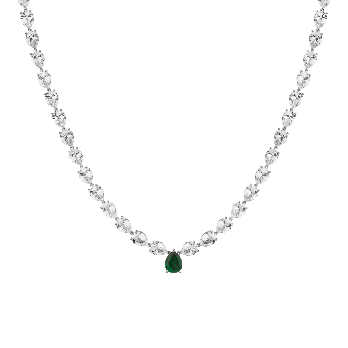 Lab Grown White Sapphire and Green Emerald Pear Tennis Necklace