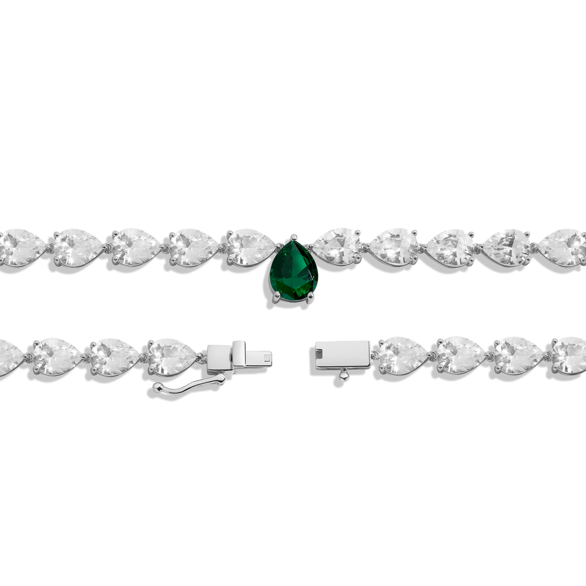 Lab Grown White Sapphire and Green Emerald Pear Tennis Necklace