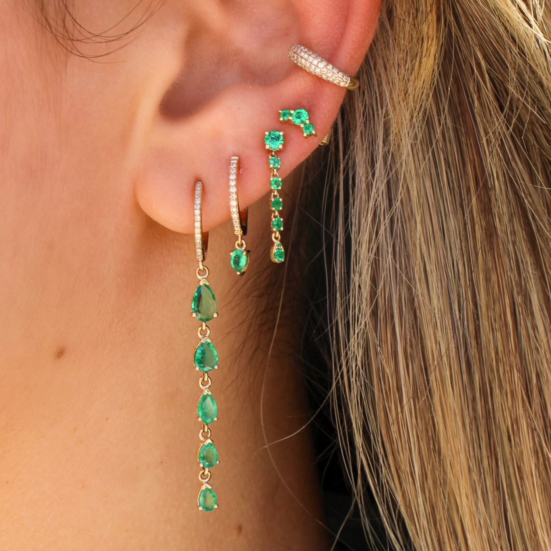 Gold Emerald Pear Five Drop Hoop Earrings