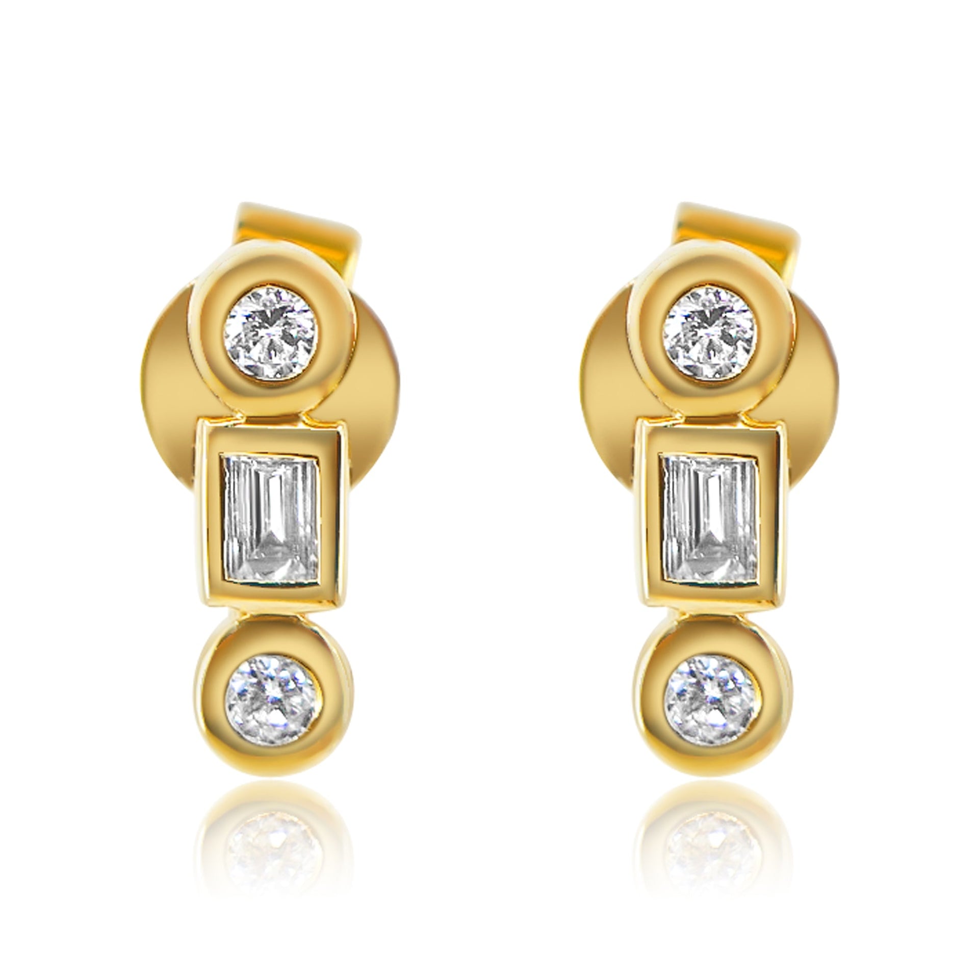 Gold Bezel Round Rectangle Diamond Line Stud Earring