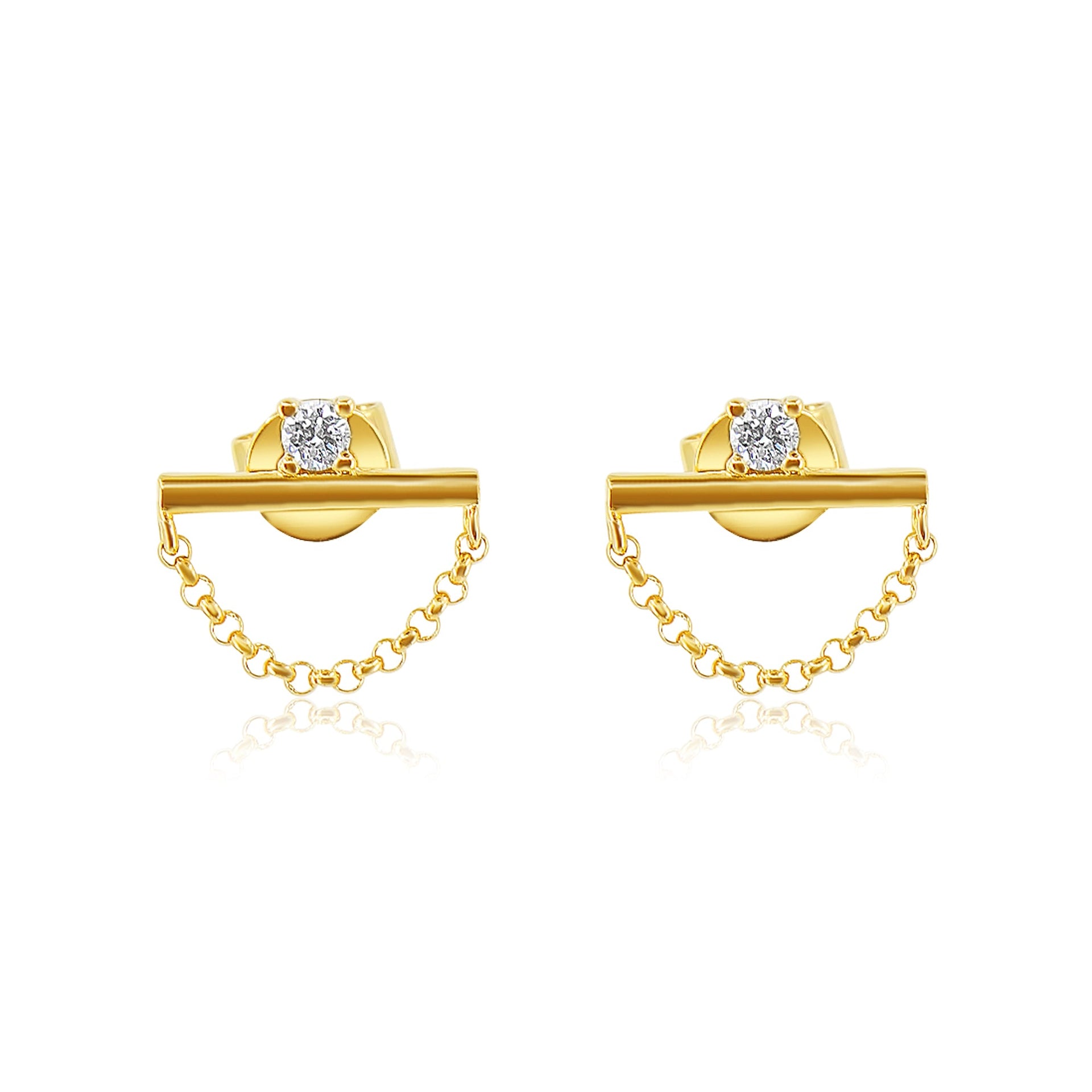 Gold Mini Square Diamond Bar Chain Link Stud Earring